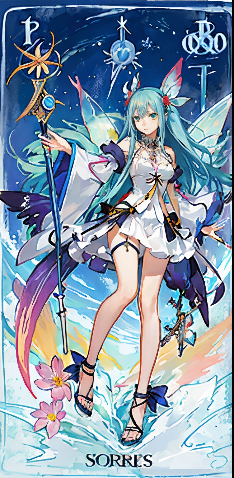 (Golden ratio:1.2),(Rose graffiti:1.2),(Fault Color:1.3),[(White background:1.4)::10], (Full body:1.2),(Ultra-detailed:1.3),(tarot:1.6),(a sorceress (tarot):1.6),

(:1.2),(fairy tail:1.6),(fairy wings:1.2),Full body, Standing in the air,(Cool:1.2),(green long hair),(Butterfly hair ornament lower hair ornament:1.0),((sandal,Locket)),(Colorful Cocktail Long Dress:1.0)+(Loose sleeves coat :1.3)+(floting colorful tassel and ribbon :1.2),(White stockings:1.2),

(Colorful ink flowers grow on your face:1.2),(Colorful Flower Sea:1.3),

(Chaotic geometric images:1.3),(nagative space:0.8),(Drawing board:1.3),

(ether colorful ink flowing:1.3)