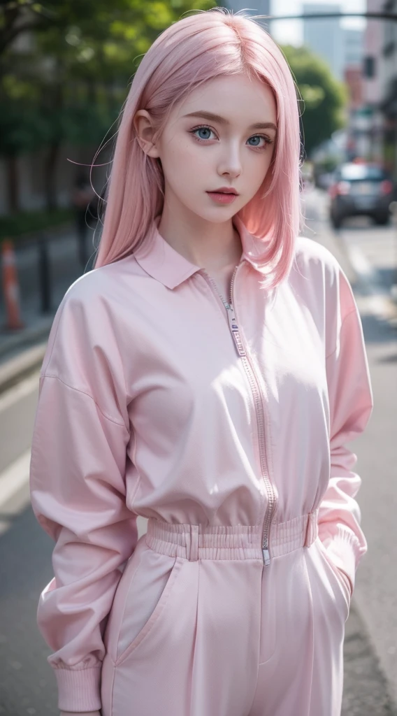 A adorable cute girl standing, wearing jumpsuits, pale skin, smooth pale skin, skin tune pink, cute face, blue eyes, pink hair, super detailed, 8k, 16k
