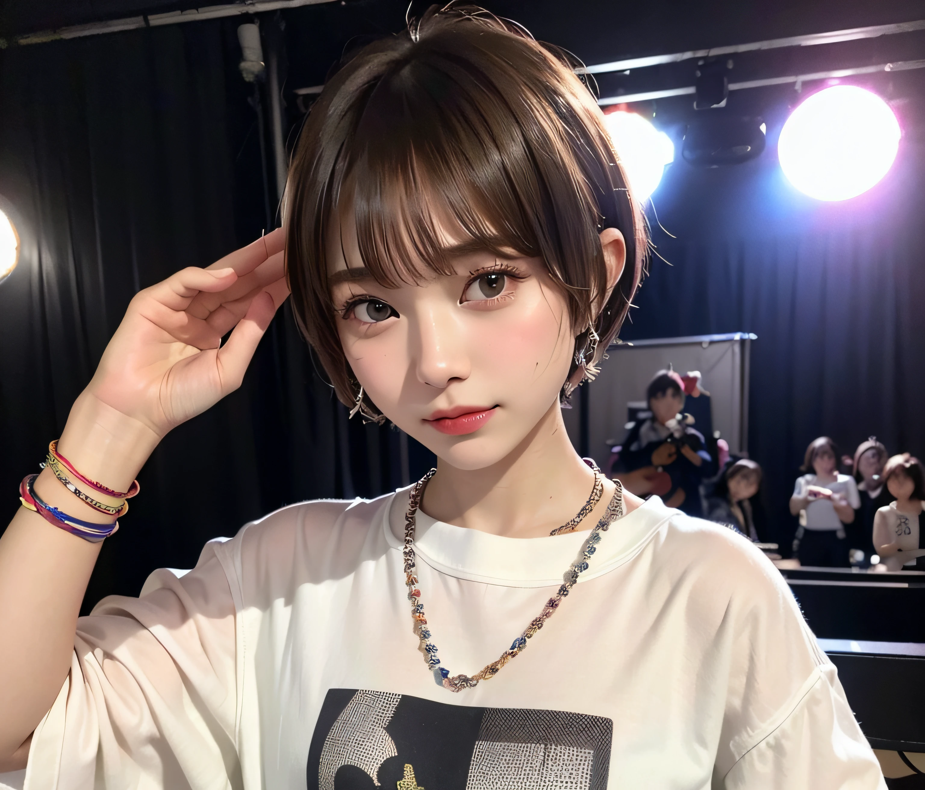 ((top-quality))、(masterpiece:1.4)、Raw photography、8K、((Top image quality))、 ((hight resolution))、Beautiful face in every detail、Realistic human skin、Gentle expression、(One lady:1.3 )、realisitic、(rather short hair:1.4)、(Beautuful Women:1.3)、(She looks like a cute Japanese girl))、(mannish)、((Pretty Woman))、(Beautiful hair)、((dark brown hair))、(((Red cheeks)))、(Her eyes are big:1.3)、20-year-old beauty、(her face small:1.3 )、small head、((long neck))、pale skin、Spot-free skin、With bangs、Everyone longs for、japanese beautiful woman、((eight heads high))、(a necklace)、(music festival:1.4)、singers、(Live Music:1.3)、(Concert T-shirt)、smil、(Oversized clothes:1.3)、Happy look、(play bass guitar:1.4)、(On stage:1.3)、Stand Microphone、wristbands、A bracelet、((young woman admires her))、Charismatic model、she has many fans、rock band、
