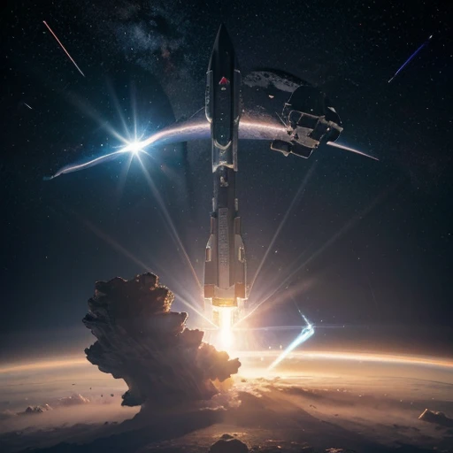 Futuristic, a space ship,Detailed body, BABYLON 5,Rectangular shapes, high detail, a stream of meteorites burning in the atmosphere and falling onto the planet, explosions on the surface of the planet, hovering above the surface of the planet at a high altitude, planet in the frame, Star, located behind the planet, rays of light from a star, side glance