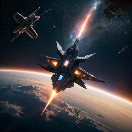Futuristic, a space ship,Detailed body, BABYLON 5,Rectangular shapes, high detail, a stream of meteorites burning in the atmosphere and falling onto the planet, explosions on the surface of the planet, hovering above the surface of the planet at a high altitude, planet in the frame, Star, located behind the planet, rays of light from a star, side glance