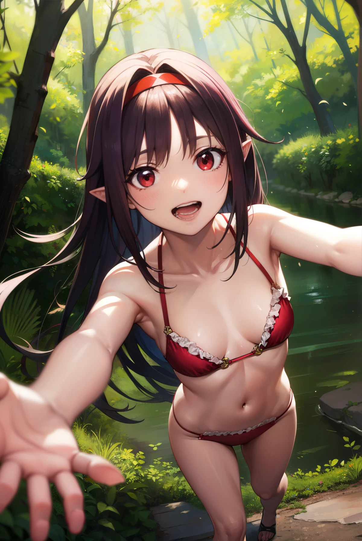 yuukikonno, yuuki konno, hairband, long hair, pointy ears, purple hair, (red eyes:1.5), (small breasts:1.2), open mouth, hands above head, thrusting chest forward, smiling,
BREAK light pink frilly bikini, red hair band
BREAK looking at viewer, upper body, full body,
BREAK outdoors, forest, nature,
BREAK (masterpiece:1.2), best quality, high resolution, unity 8k wallpaper, (illustration:0.8), (beautiful detailed eyes:1.6), extremely detailed face, perfect lighting, extremely detailed CG, (perfect hands, perfect anatomy),