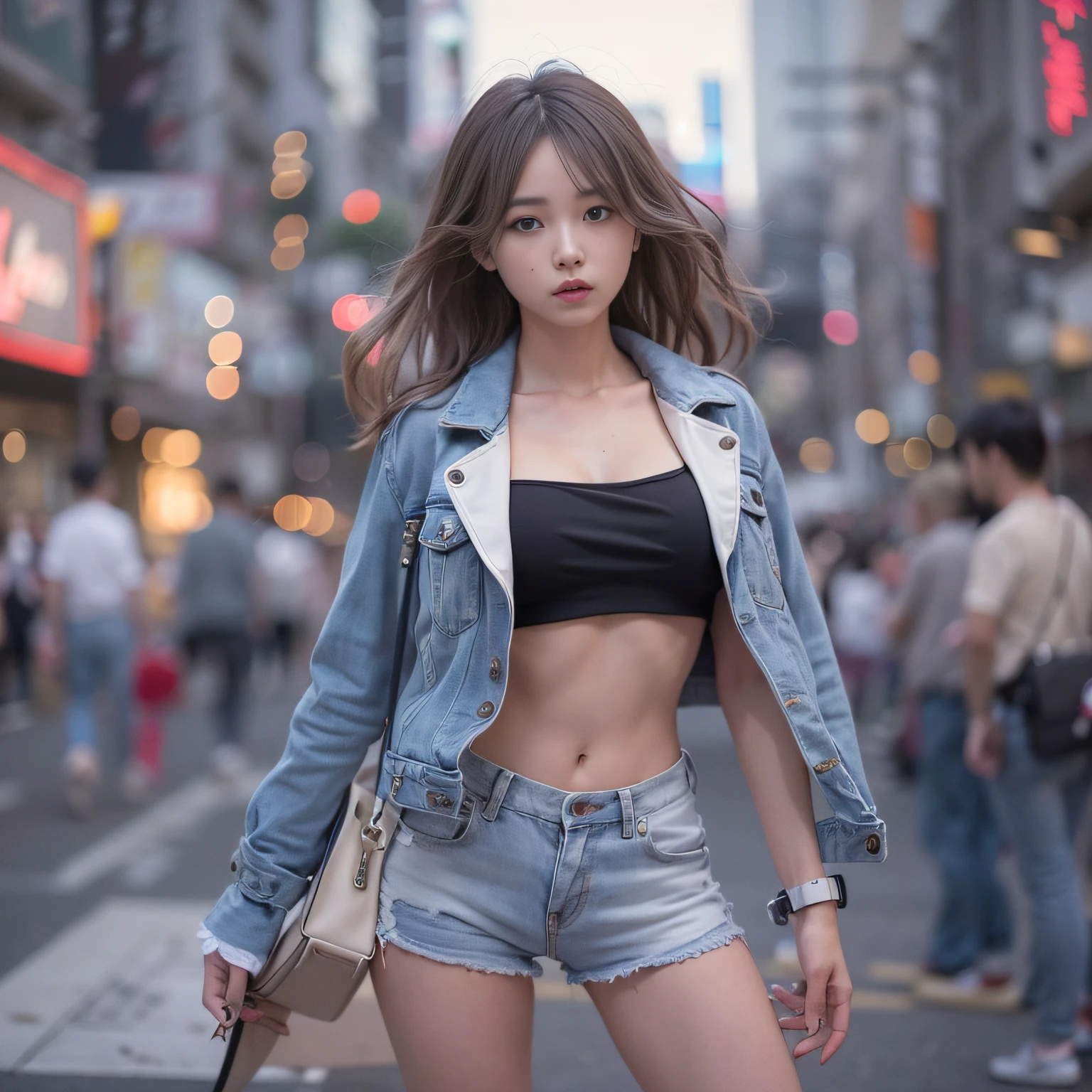 1人、on tokyo street、natta、A city scape、city light、full body Esbian、A smile、、(8K、Raw photography、top-quality、masterpiece:1.2)、(realisitic、photoRealstic:1.37)、A detailed eye、Detailed lashes、White tube top with leather jacket、denim hot-pants、Colossal titine skin, (Beautiful hair), (Perfect Anatomy), (Realistic), (Dynamic Angle), Pose Seductive,Perfect, look、top-quality、hight resolution、
