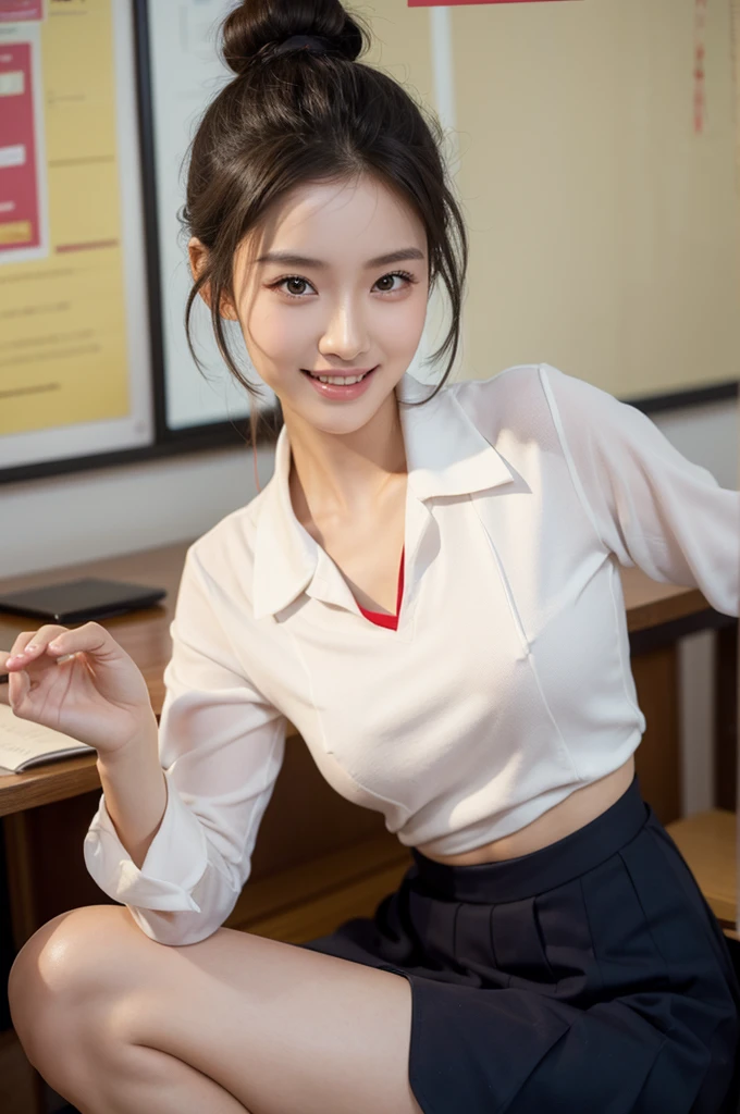 8K，hyper HD，Cinematic quality，Best quality，Highly detailed facial details,Beautiful and sexy Chinese supermodel，Tall figure，Excellent figure，top knot hairstyle，large breasted body，Bigger chin，Longer chin， sexually attractive，with whole body visible，There are many classmates，，，Wearing school uniform and school skirt，Class in school classroom，with whole body visible，，，ssmile，，upper leglame it up，Happy laughter