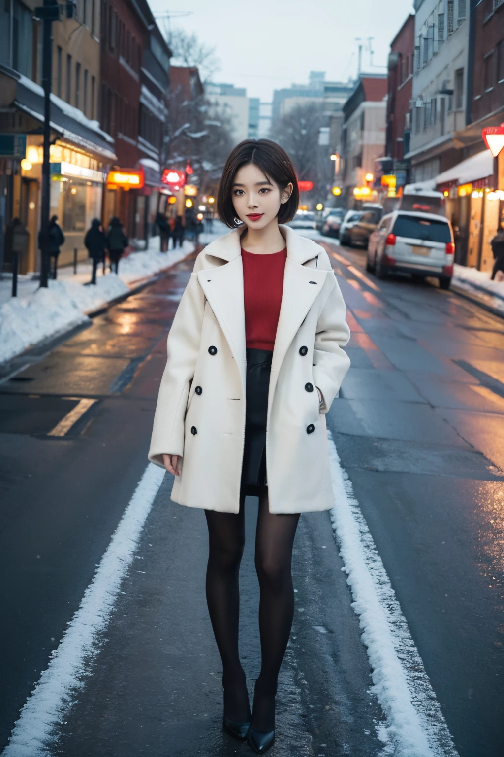 Best quality at best, 4K, 8K, Detailed faces,Full body photo,posing on a,Clear face, beautiful Girl, Korean makeup, Redlip, laughingly, perfect bodies,Short shoulder-length hair,small,upper legs,Slim,thin, girl wearing long and wide coat, Under the jacket a top tube and tights, lower abdom, snow landscape, Winters, the street,