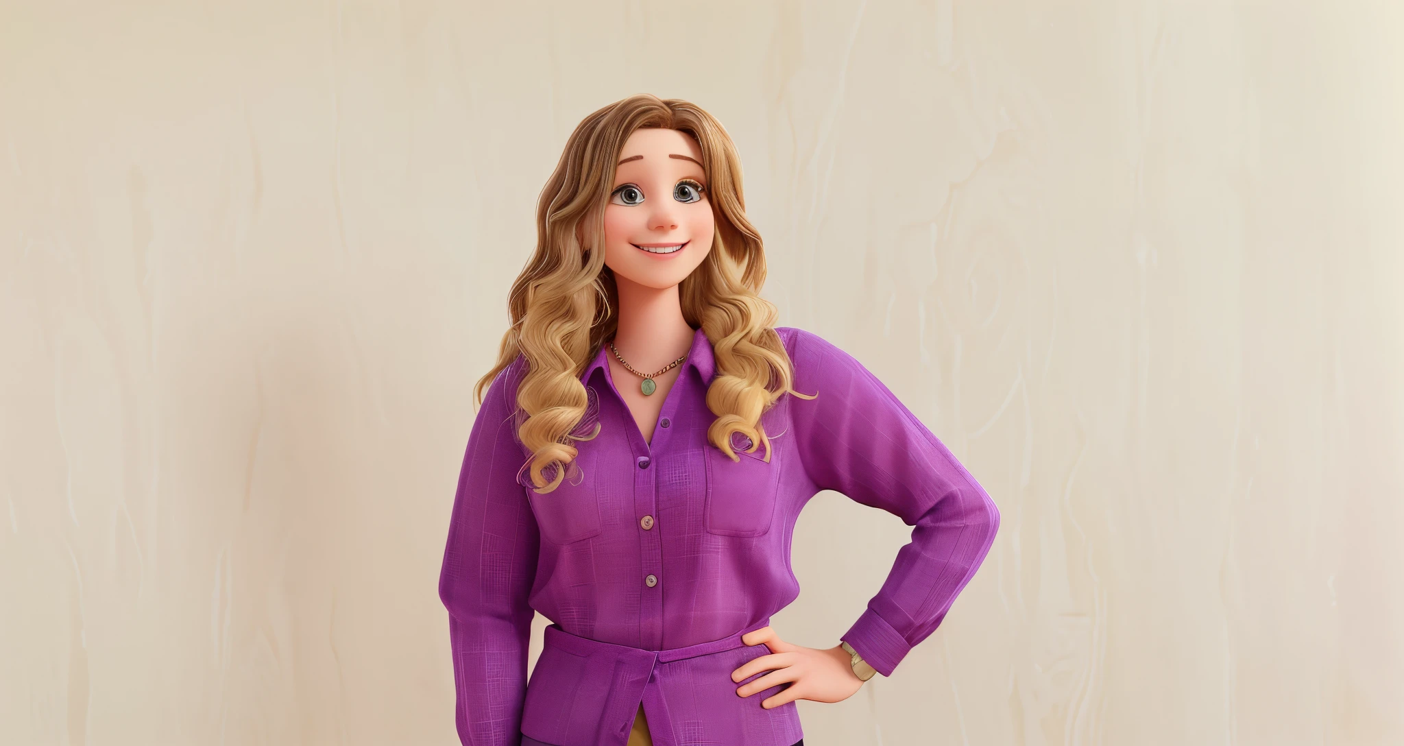 3d character pixar disney style of, arafed woman big smile teeth hair brown highlights blonde in a purple shirt standing in front of a wall, magenta shirt, miranda meeks, britt marling style 3 / 4, britt marling style 3/4, jennifer wuestling, mid shot portrait, alana fletcher, full subject shown in photo, a portrait, full figure, full portrait, amanda lilleston