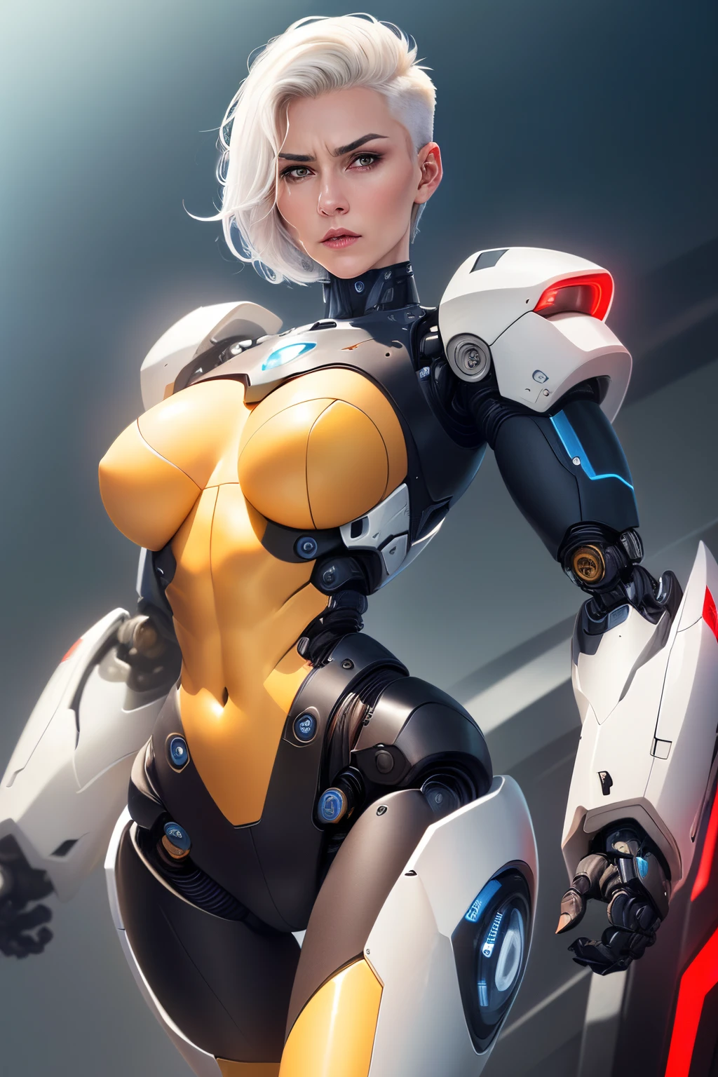 Very old mature robotic female, ((short side fade hair)), ((right part hair)), ((emphasise white main hair colour)), ((emphasise hair meshed blue)), realistic mature face, red robotic arms, yellow robotic legs, robotic hips, ((emphasise much more mature face)), ((emphasise much more masculine body)), ((emphasise higher than knees body shot))