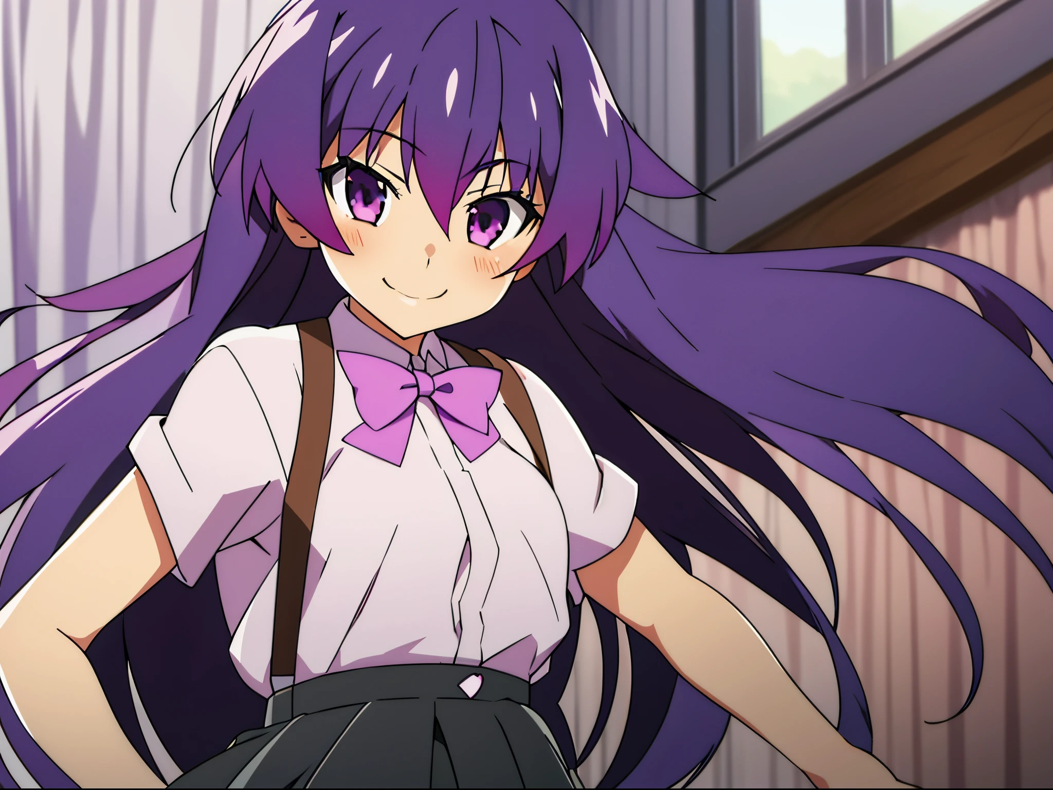 furude rika, 1girl, solo, purple hair, long hair, pink bowtie, black suspenders, closed mouth, smile, masterpiece, best quality