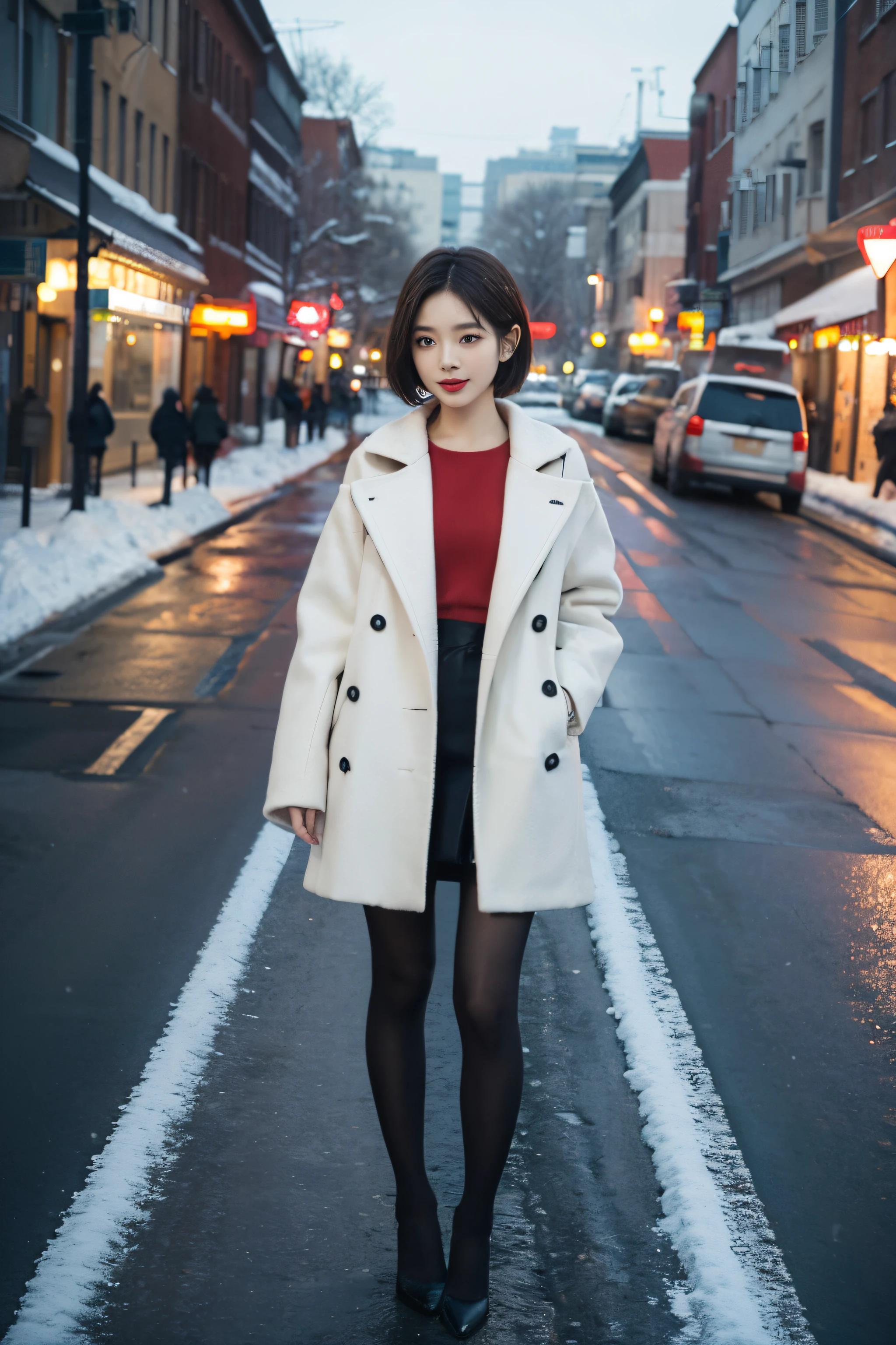 Best quality, 4K, 8K, Detailed faces,fully body photo,placed in a,Clear face, beuaty girl, Korean makeup, Redlip, smilingly, perfect body figure,shoulder-length short hair,small,upper legs,Slim,thin, girl wearing long and wide coat, Top tube and leggings underneath the jacket, lower abdom, snow landscape, Winters, the street,