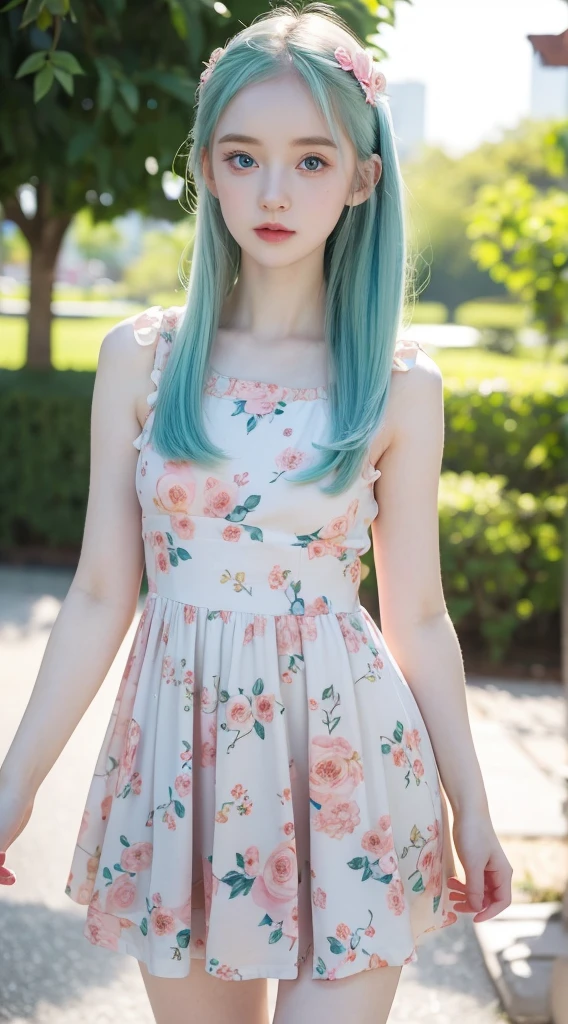 A cute little girl standing, wearing floral dress, pale skin, smooth pale skin, skin tune pink, cute face, blue eyes, green hair, super detailed, 8k