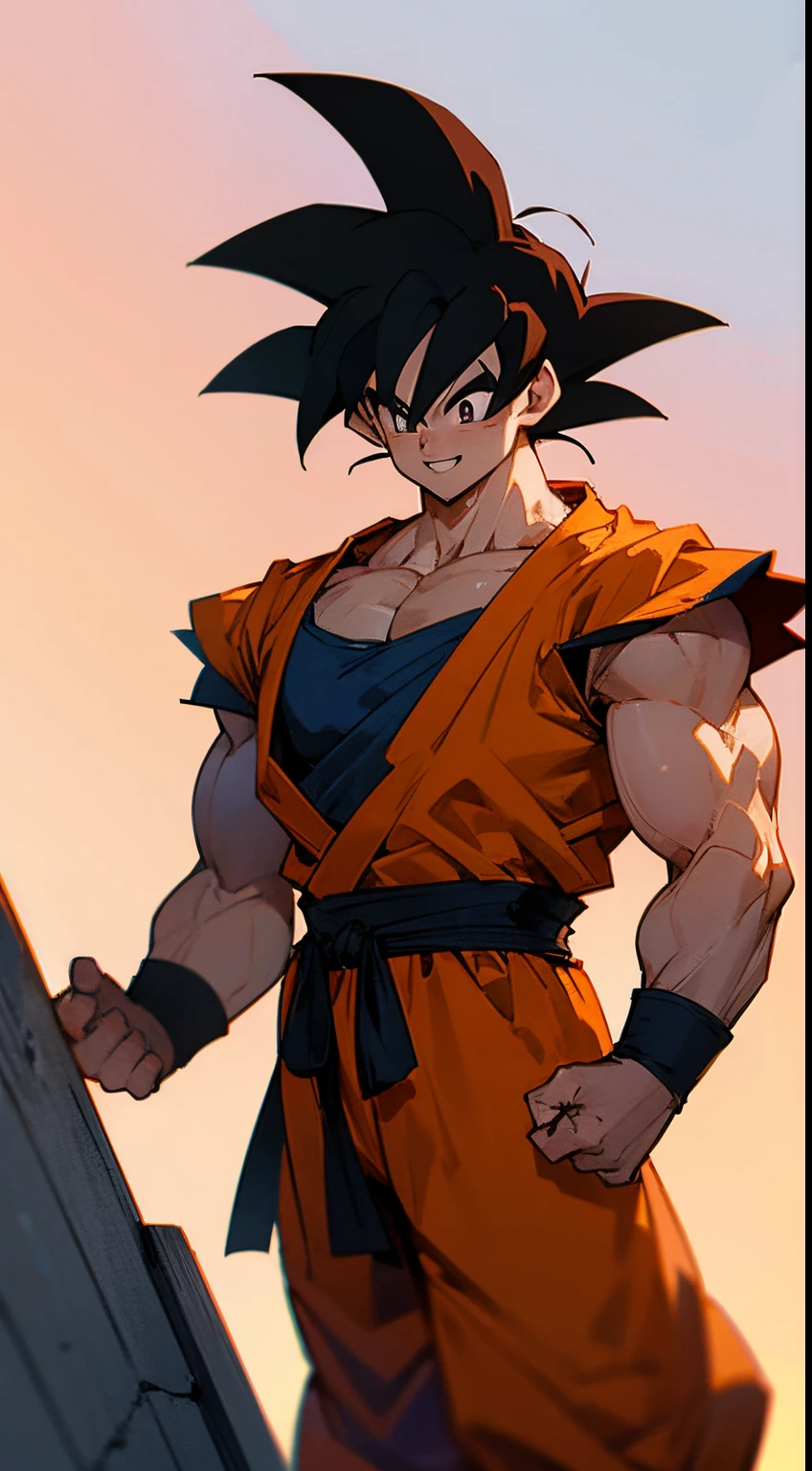 Goku from dragon Ball, standing, wearing red blue clothes, black hair, muscular body, godly, smile, strong, standing on a building