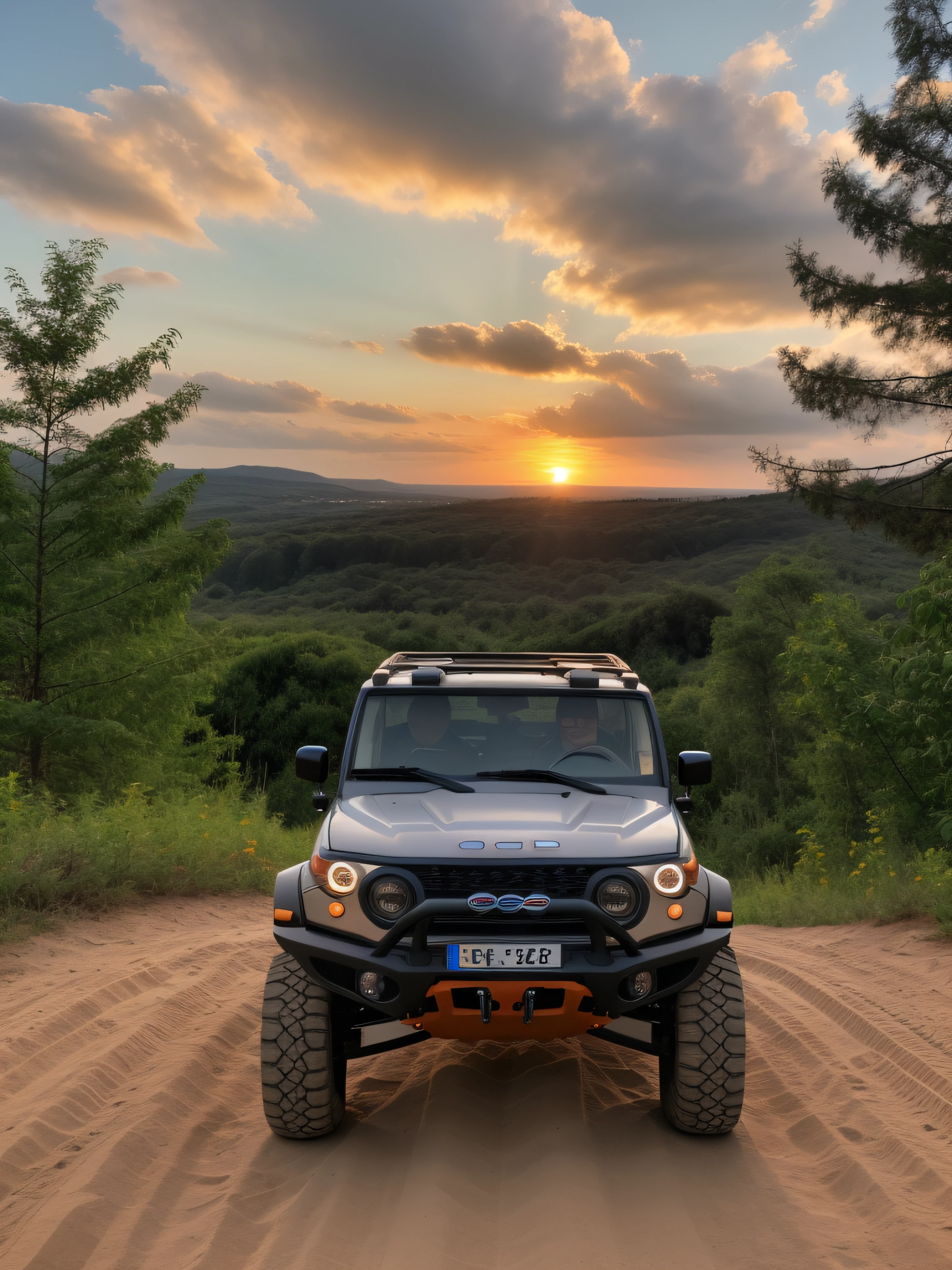Photos of off-road vehicles, ln the forest, the sunset, clouds