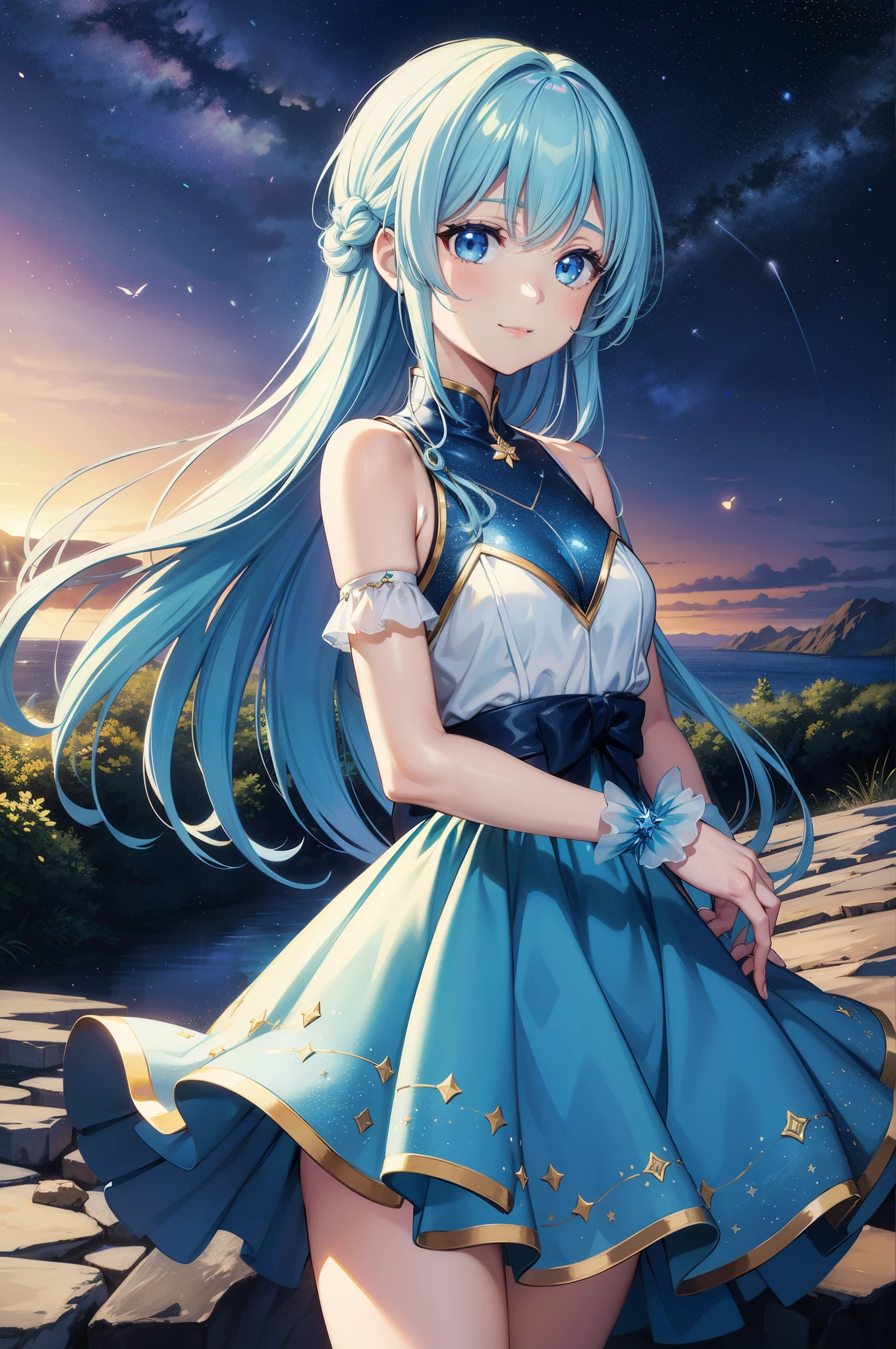 {{{masutepiece}}}, {{best qualtiy, An ultra-fine illustrations, beautifulanddelicatewater}}, {{very delicate light}}, {{Nature, Painting}}, {{Fine Lighting, More transparent stars, Very fine 8K PCG wallpaper}}, (plateau), Sunrise, randomly distributed clouds, cliff, ((Rotating starry sky)), Beautiful girl with long light blue hair with luminous particles、Twin-tailed、adorable smiling、facing front、See-through costumes