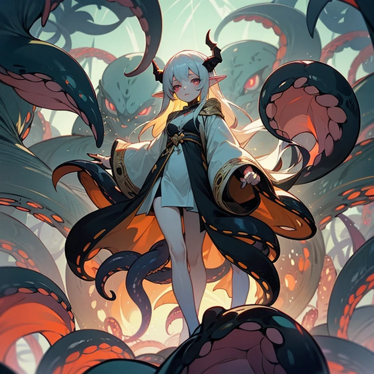A young girl, with poor breasts, (she had golden eyes), (little pointy elf-like ears), with long pure white hair blowing in the wind, (black dragon horns on her head), (a sorcerer's dress), wearing black lace gloves, and a wide robe sleeve covering her hands, with a golden pattern at the edge of the robe, (with a black dragon's tail), A multitude of blood-red tentacles protrude from the sleeves of his clothes, Behind the girl the shadow of an evil god, Cthulhu mythology, (with a large number of dense tentacles nearby), (these tentacles have eyelames flying around the girl), demons, monsters, evil gods, unnamable horrors, a large number of tentacles of eyes, tentacles of flesh, surrounded by flames