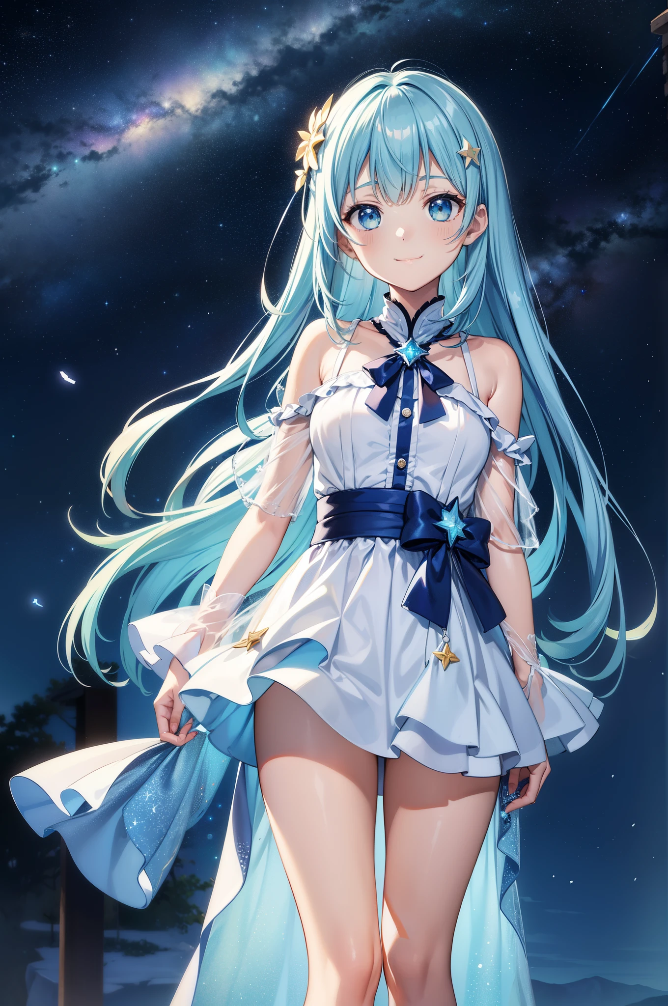 {{{masutepiece}}}, {{best qualtiy, An ultra-fine illustrations, beautifulanddelicatewater}}, {{very delicate light}}, {{Nature, Painting}}, {{Fine Lighting, More transparent stars, Very fine 8K PCG wallpaper}}, (plateau), Sunrise, randomly distributed clouds, cliff, ((Rotating starry sky)), Beautiful girl with long light blue hair with luminous particles、Twin-tailed、adorable smiling、facing front、See-through costumes