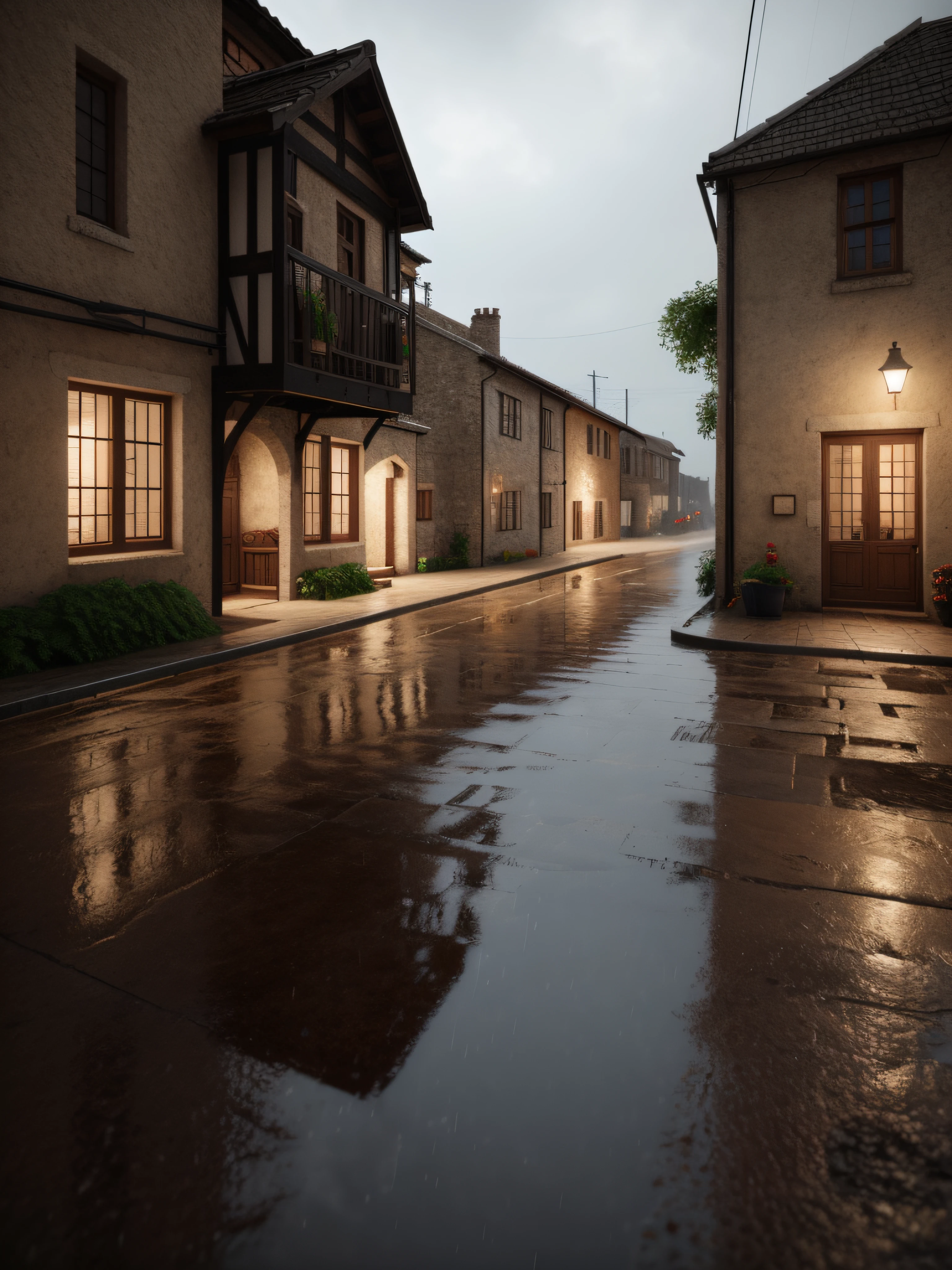 medieval times, octaneratingrendering, unreal-engine, Old village rendering, Rainy weather, dirt, rethink, dramatic lights