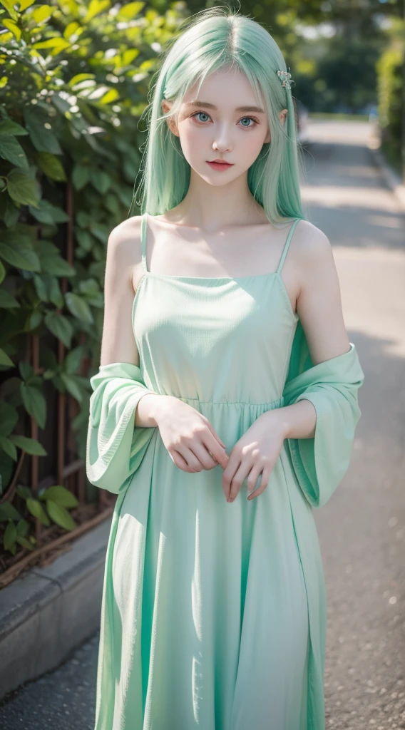 A cute little girl standing, wearing green dress, pale skin, smooth pale skin, skin tune pink, cute face, blue eyes, green hair, super detailed, 8k