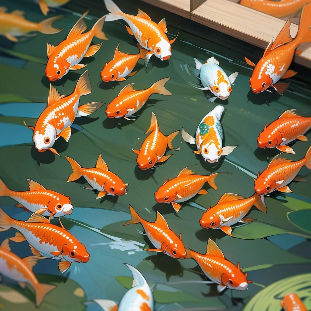 In a quiet pond, several small and cute koi fish swim leisurely. Three miniature zongzi floating in the water., each is decorated with intricate patterns and colorful ribbons.. Koi fish swim curiously around rice dumplings, to enjoy the festive atmosphere of the Dragon Boat Festival.