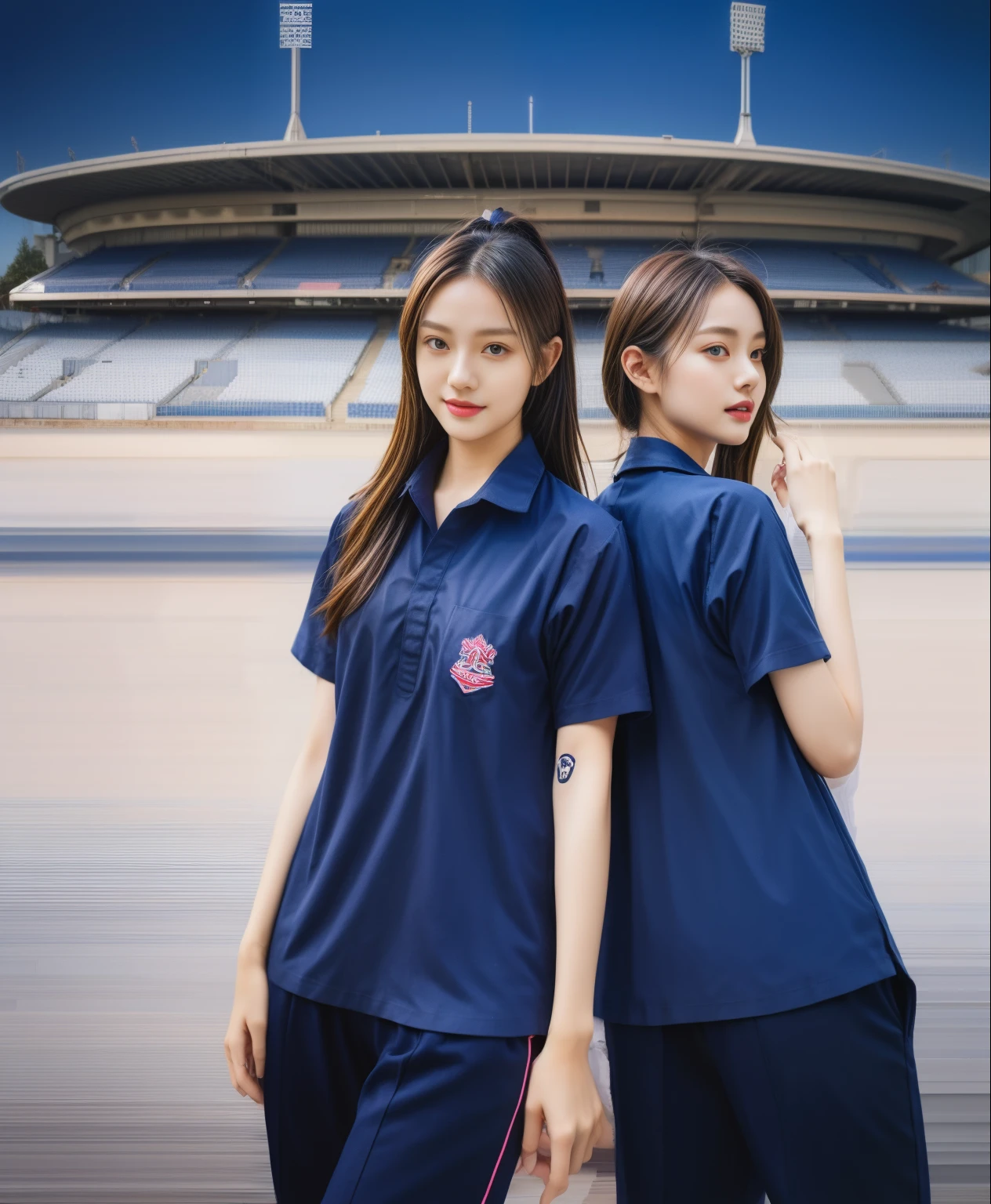 (bestquality,10,10,highres,masterpiece:1.2),ultra-detail,(Realistic,photorealistic portrait,photo-realistic:1.37),1 Cute girl in the football field,oily shiny skin,bara,light smile,BDclothelue shirt:1.3)),short sleeves,shirt, trousers.,(navy_long_Pants Track:1.1), ((Stadium Background:1.3)),dynamic angle,excited,face focus,Dynamic Poses,from behide,Ass Focus,masterpiece, bestquality, ultra realistic, hyper-detail, 8k resolution, RAW photo, crisp focus, ((Navy blue shirt:1.1)), short sleeves, Long Path, Perfect body, 2 mature women, 18yo, cinematic light,Blue sweatpants,Gymware,Correct anatomy,Complete body, Correct body, sharp face, Anatomically correct body, full entire body, Realistic gestures, long-haired, Realistic poses,Wear long shorts.........................................,Long leg span,Shapely,Sculpting Girl, Slender Figure, mannequin mannequins, Shapely, Beautiful body,Blue sweatpants, Two girls kissing