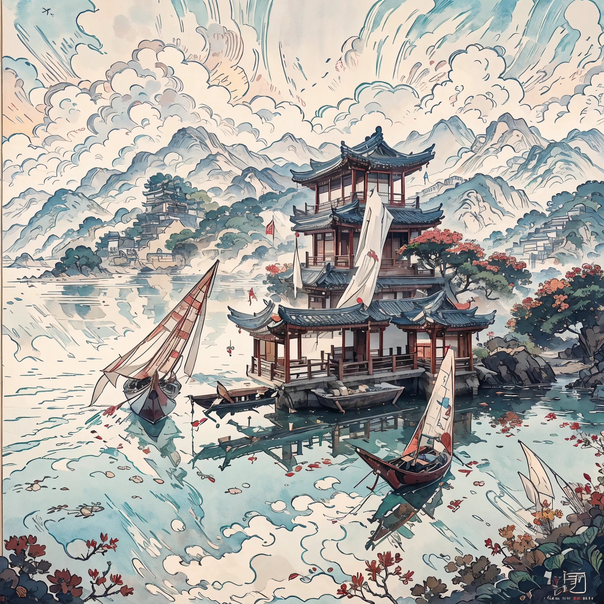 Mountain painting with a pagoda on a small island, chinese watercolor style, chinese painting style, digital painting of a pagoda, Chinese landscape, traditional Chinese watercolor painting, chinese paintings, Japan Art Style, High detail watercolor 8K, highly detailed water colour 8 k, detailed painting 4 k, author：heroes, japanese painting, author：Qu Leile