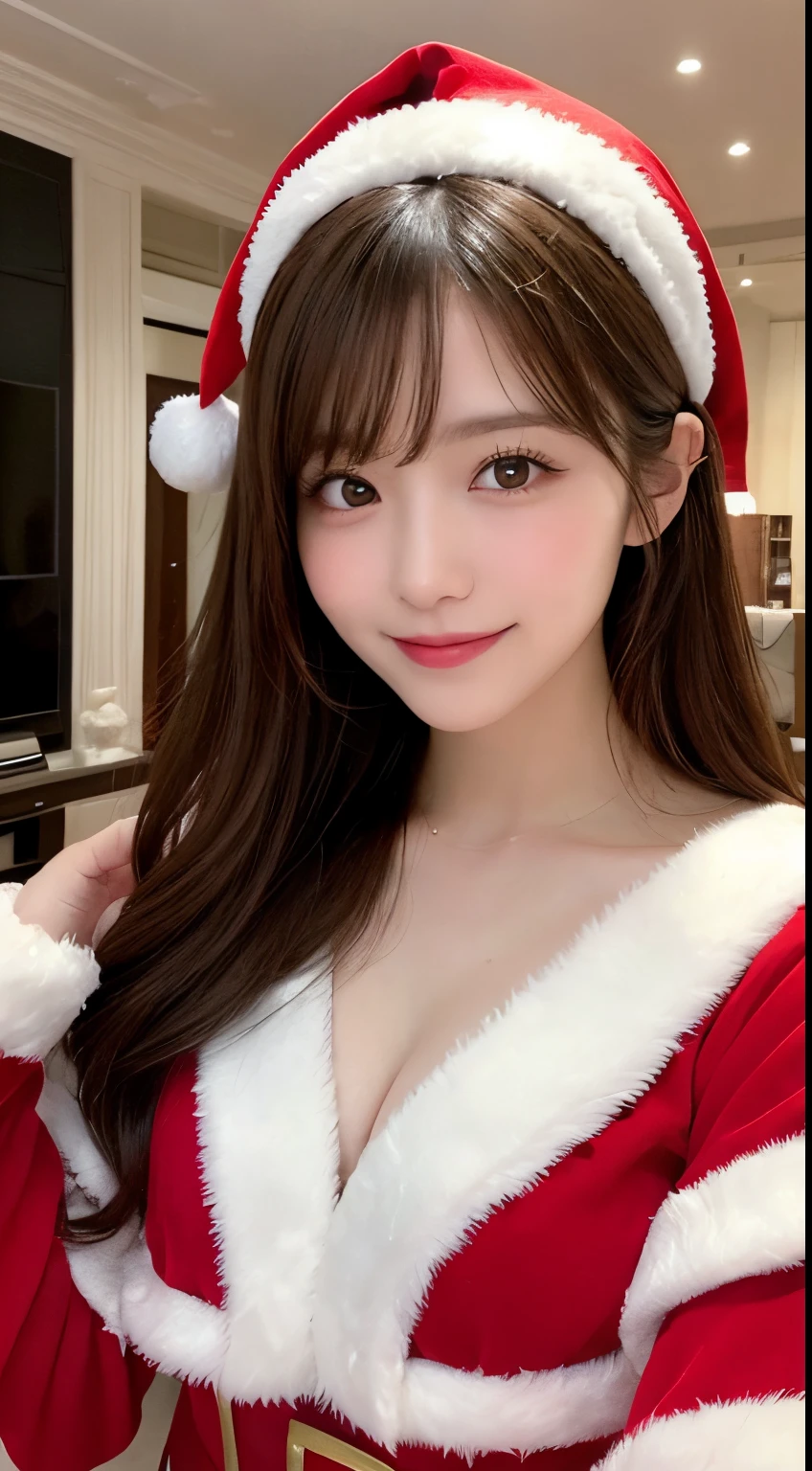 masutepiece, Best Quality, Illustration, Ultra-detailed, finely detail, hight resolution, 8K Wallpaper, Perfect dynamic composition, Beautiful detailed eyes, Santa Claus Costume,Straight hair,small tits,Natural Color Lip,living room in luxury house、20 years girl、Cute、sexy look at the camera,Cute,Perfect and beautiful face,Smile