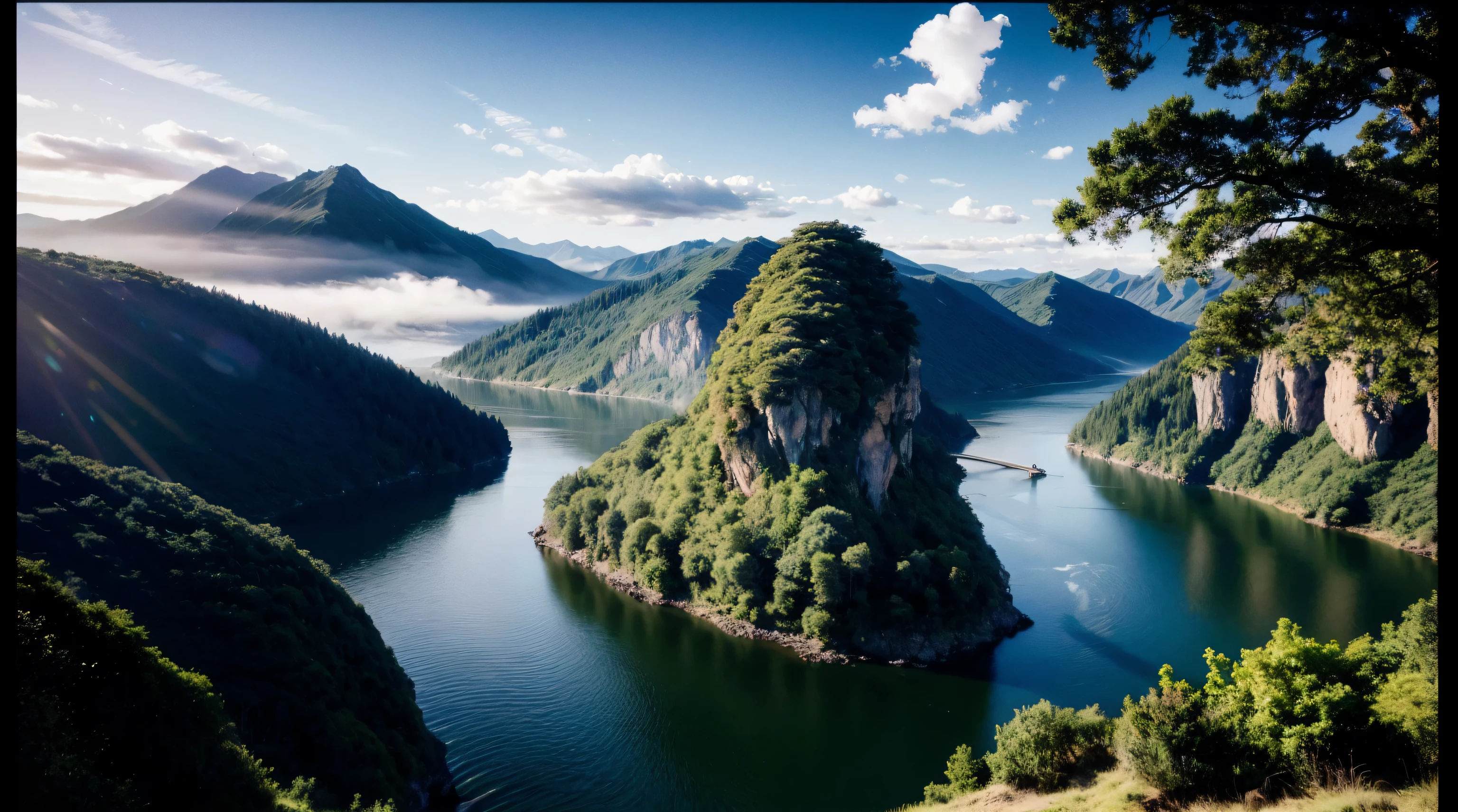 springtime, scenic view of river, sunrise and sunset (see plenty of sunlight), Skysky, cloudig and dense), Cloud-filled mountains, mont (Distributed on both sides of the screen), Aerial shooting, iRAW photos, Using Sony Shot on A7R4, 12mm/f12 lens,Best quality at best, 8K, 32k ULTRAHD, A high resolution, tmasterpiece:1.2), ultra - detailed, hyper realisitc, Calm and peaceful view, birds flying, The tree, blues sky and clouds, magical, abstract design, beautiful and mesmerizing, RAW photogr, memorable, cinematic perspective, high detal, perfect pubic, insanely details, The more details, high detal, Color magic, insanely details,high detal,