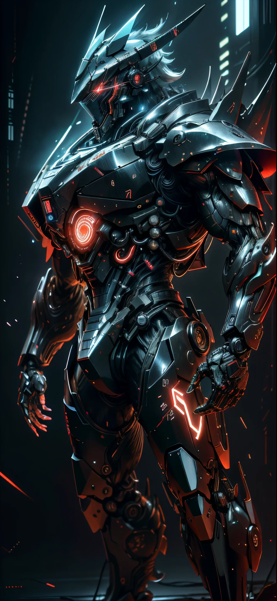 realistic,shiny,reflective,bioluminic, galactic cybernetic mask,mecha,(samurai:1.2)sh4g0d,GlowingRunes_red,fullbody,cinemnatic,dark background,back light,high contrast,