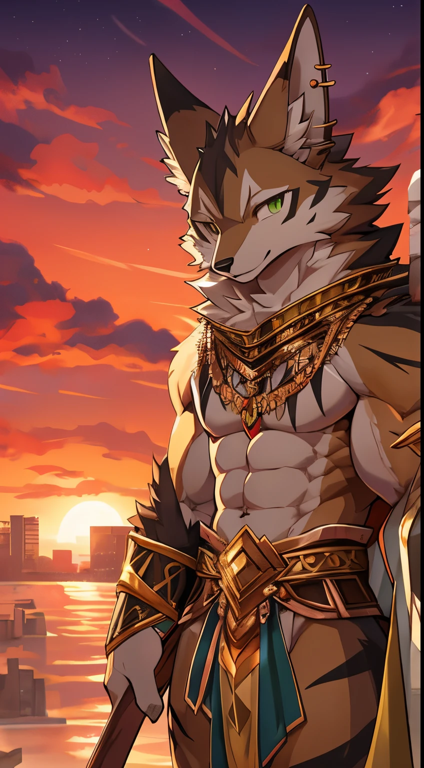 Seto (Tokyo After-School Summoners), Seto(Wandering Longing), Seth (it), Seto, Kazuma Koda, coyote, gold necklace, Gold jewelry, Ear piercing, wear a loincloth, Green Eye, Grey Body, white body, Brown Body, stripes, Striped body, High Quality, 8K, High image quality, NSFW Works, pixiv, Business card, shadowy, A composition where the whole body is visible, The right ratio, skiny, Sexy, Sexy muscles, sunset, touch the gold necklace