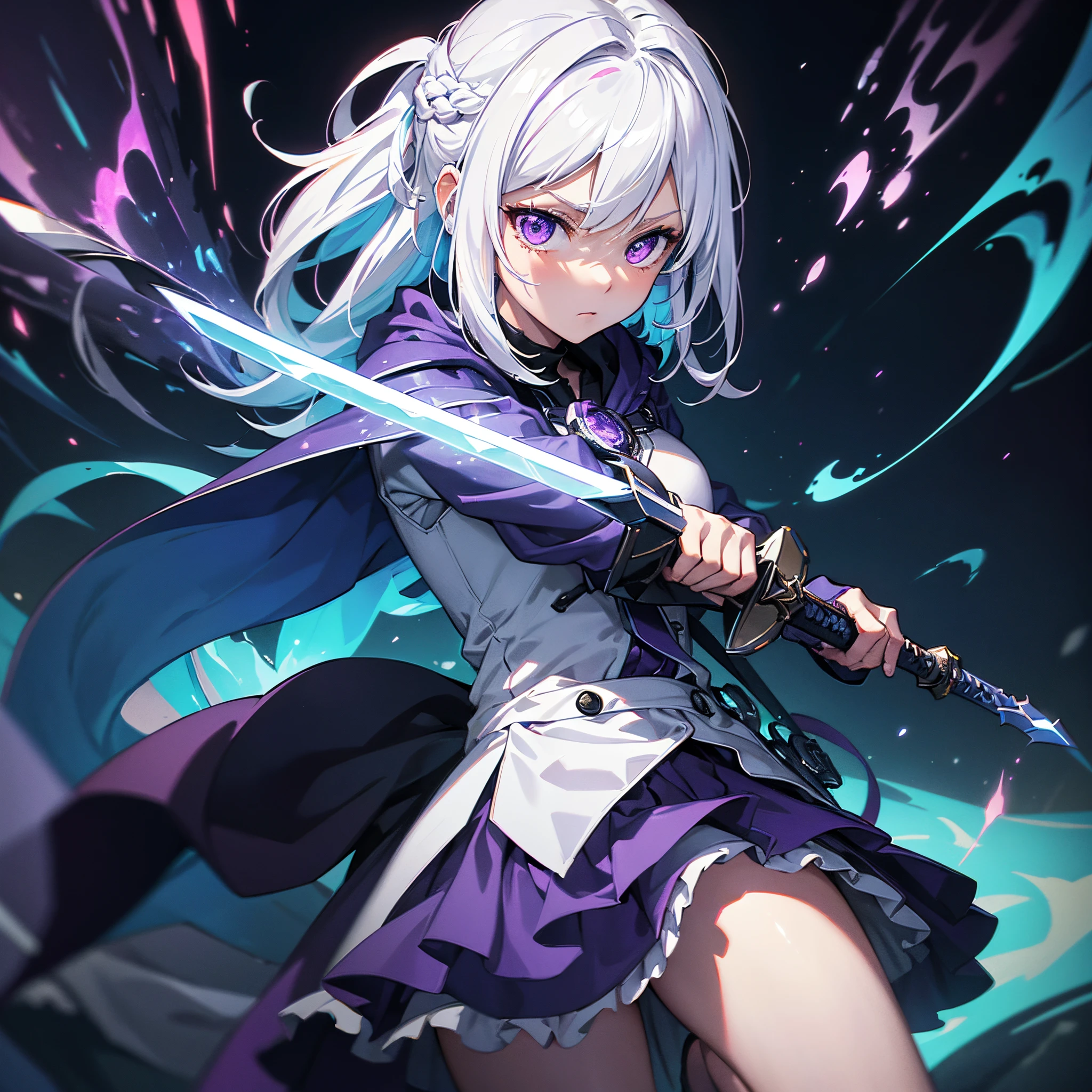 (masterpiece, best quality, chromatic aberration), 
colorful, 1girl, white hair, purple eyes, dual wielding, sword, holding sword, blue flames, glow, glowing weapon, light particles,magic circle,