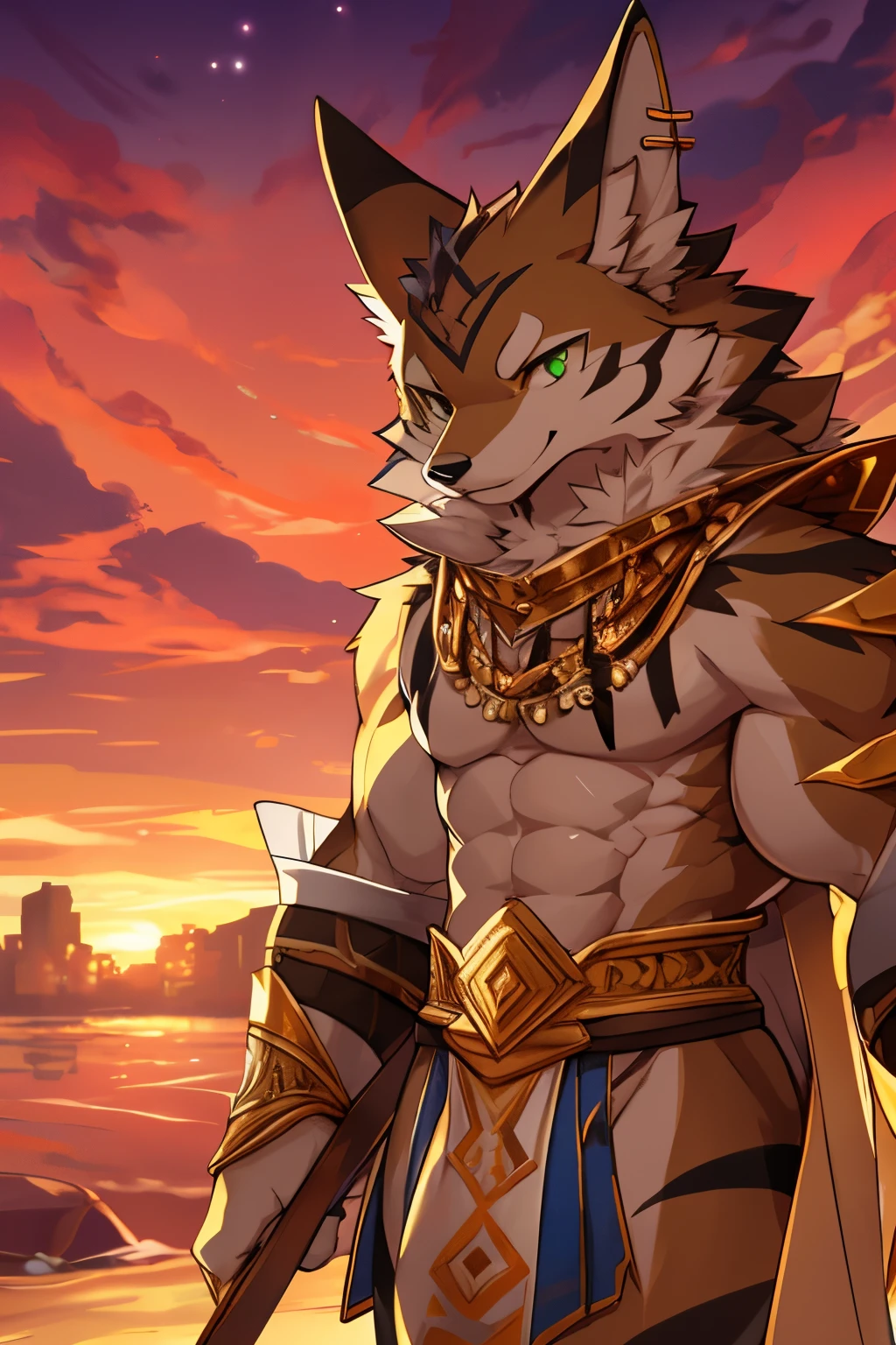 Seto (Tokyo After-School Summoners), Seto(Wandering Longing), Seth (it), Seto, Kazuma Koda, coyote, gold necklace, Gold jewelry, Ear piercing, wear a loincloth, Green Eye, Grey Body, white body, Brown Body, stripes, Striped body, High Quality, 8K, High image quality, NSFW Works, pixiv, Business card, shadowy, A composition where the whole body is visible, The right ratio, skiny, Sexy, Muscular, Very muscular, Sexy muscles, sunset, touch the gold necklace