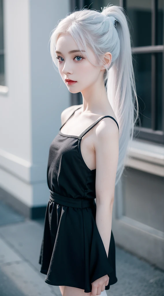 A cute little girl standing, wearing black dress, pale skin, smooth pale skin, skin tune pink, cute face, blue eyes, white hair, ponytail hair, super detailed, 8k