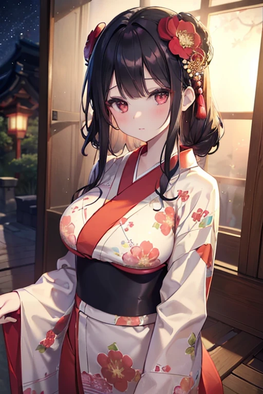 (masterpiece:1.2, best quality), (dinamic lighting) 1lady, solo, High ponytail, huge tit, hakama, red skirt, (shiny skin:1.2), upper body, torii, temple，There is a bulge on the chest，Kneeling pose，Sword between chest and legs