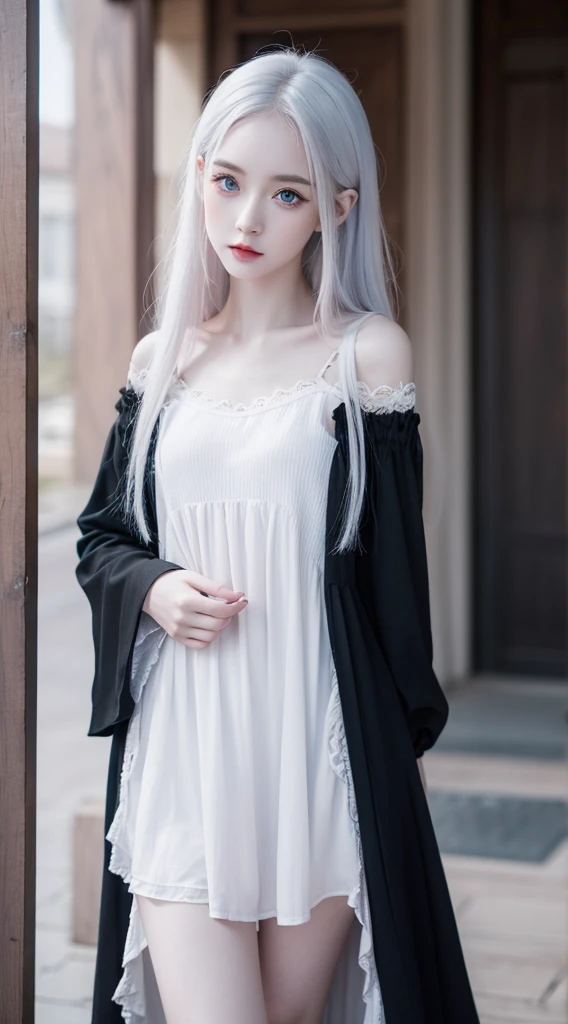 A cute little girl standing, wearing black witch dress,pale skin, smooth pale skin, skin tune pink, cute face, blue eyes, white hair, super detailed, 8k