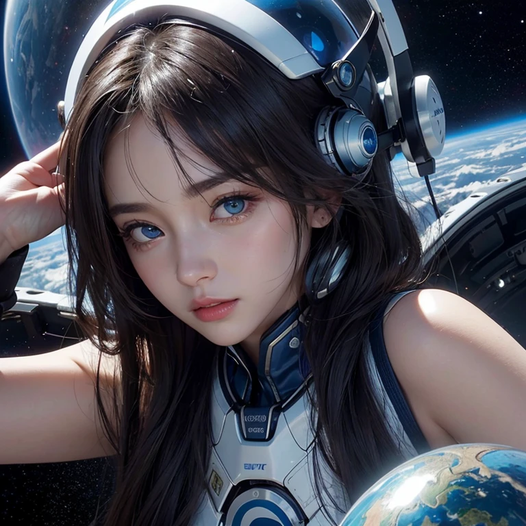 (A hyper-realistic,hight resolution, ighly detailed:1.2), (8K), (beatiful detailed eyes, A detailed face:1.2), (top-quality), (ultra-detailliert), ((masterpiece)), Beautiful woman experiencing weightlessness in space、Shapely、Longhaire、wearing helmet、Beautiful woman with blue eyes、Wearing a spacesuit、In the background you can see the beautiful blue earth。