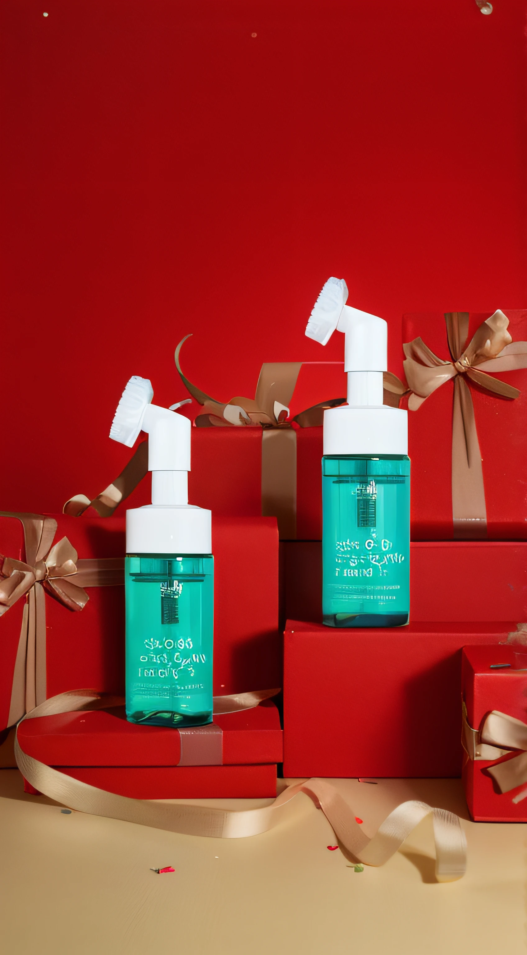 Two bottles of lotion are placed on the red box, vacation, dispel, glistning skin, product photograph, dramatic product shot, Shooting for a skin care brand, vacation, cleanest image, exclusive, Product close-up photos, festive, 🤬 🤮 💕 🎀, product introduction photos, professional product shot, promotional, fotografia do produto,