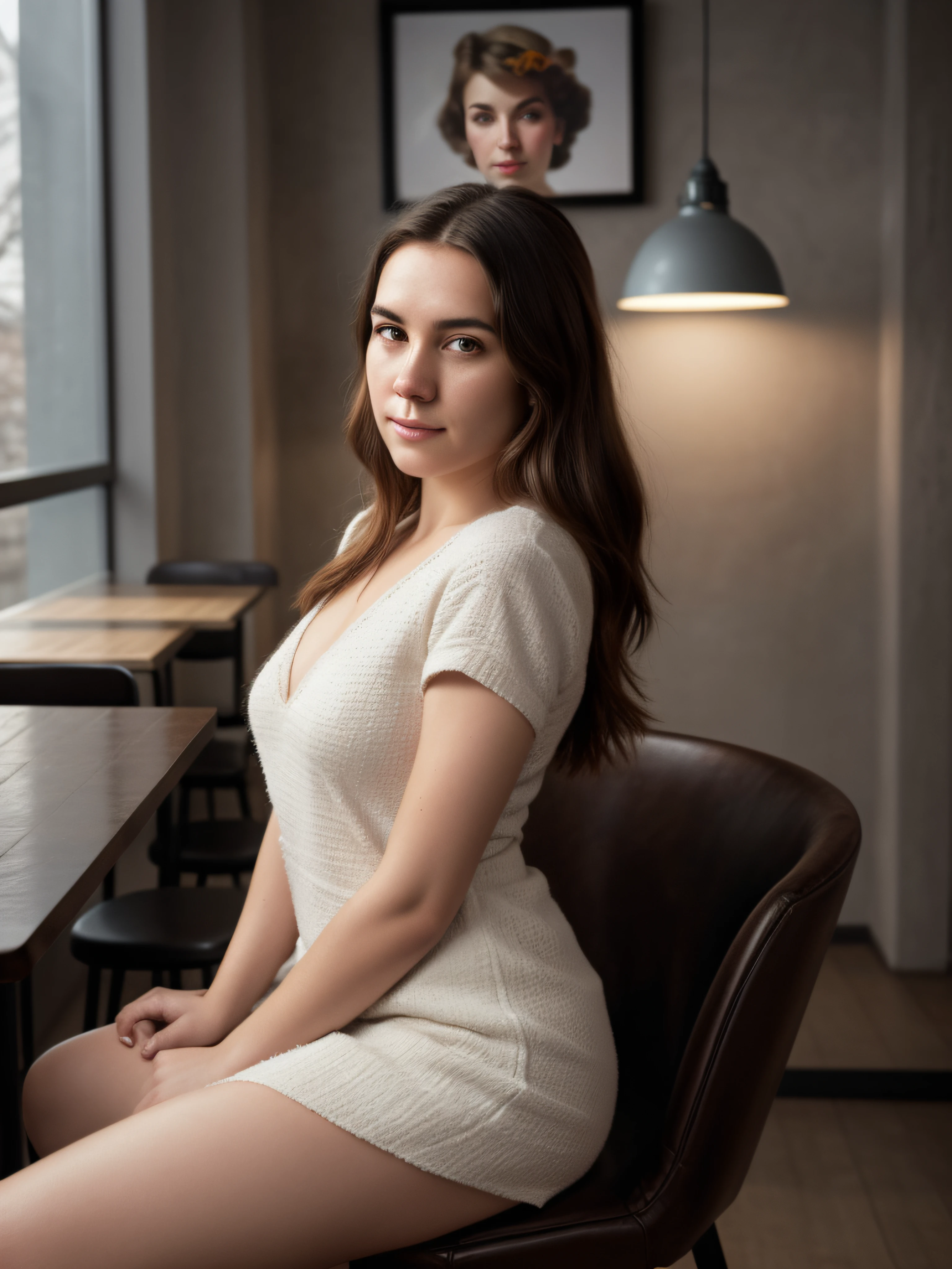 Generate detailed portraits of young people, Beautiful Swedish woman sitting in cozy cafe, The image should highlight her unique Nordic features, Focus on her stunning eyes and natural beauty, The ambience of the cafe should exude warmth, Soft lighting and subtle, Warm décor, Create a tranquil background，Enhance female charm, RAW photogr, (highdetailskin:1.2), 8k ultra high definition, SLR camera, gentlesoftlighting, high qulity, filmgrain, XT3,, RAW candid movies, 16mm, Color graded Portra 400 film, remarkable color, hyper realisitc, ctextured skin, Outstanding and meticulous student, Realistic dull skin noise, Visible skin details, skin fuzz, Dry skin, Shot with a movie camera, Seductive portraits, iintricate, The  very detailed, digitial painting, art  stations, concept-art, naughty, Focus sharp, 电影灯光, illustratio, Art by Artgerm and Greg Rutkowski, An Alphonse Mucha's, CG Society, ((glamour portrait)), Detailed skin texture, (Be red in the face:0.5), (goosebumps:0.5), sub surface scattering
