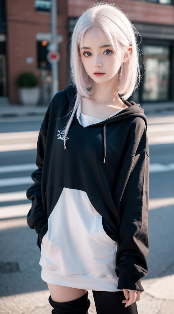 A cute little girl standing, wearing black hoodie, pale skin, smooth pale skin, skin tune pink, cute face, blue eyes, white hair, super detailed, 8k