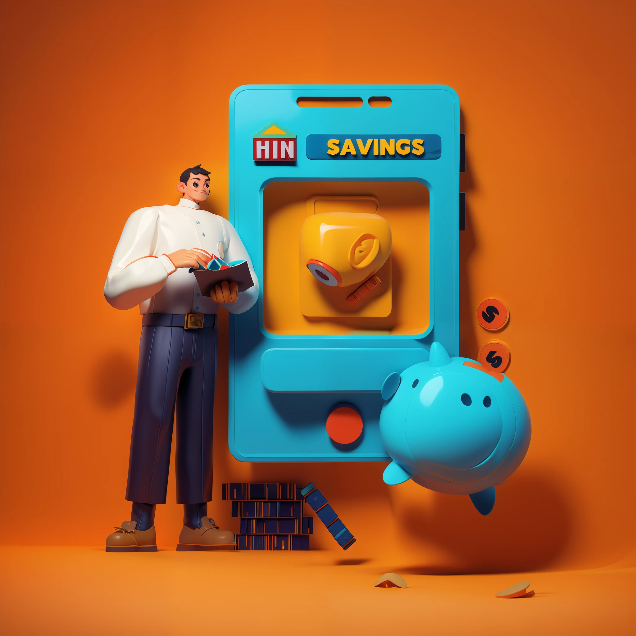 illustratio：A man stood by，savings logo on it, flatillustration,  illustratio,  and clean illustrations, 3d illustrations, Detailed 3D illustration, 3d illustrations, 3d illustrations, Stylized digital illustration, reduced minimal illustration, conceptual drawing, Digital 3D illustration, matte digital illustration, Commercial illustration