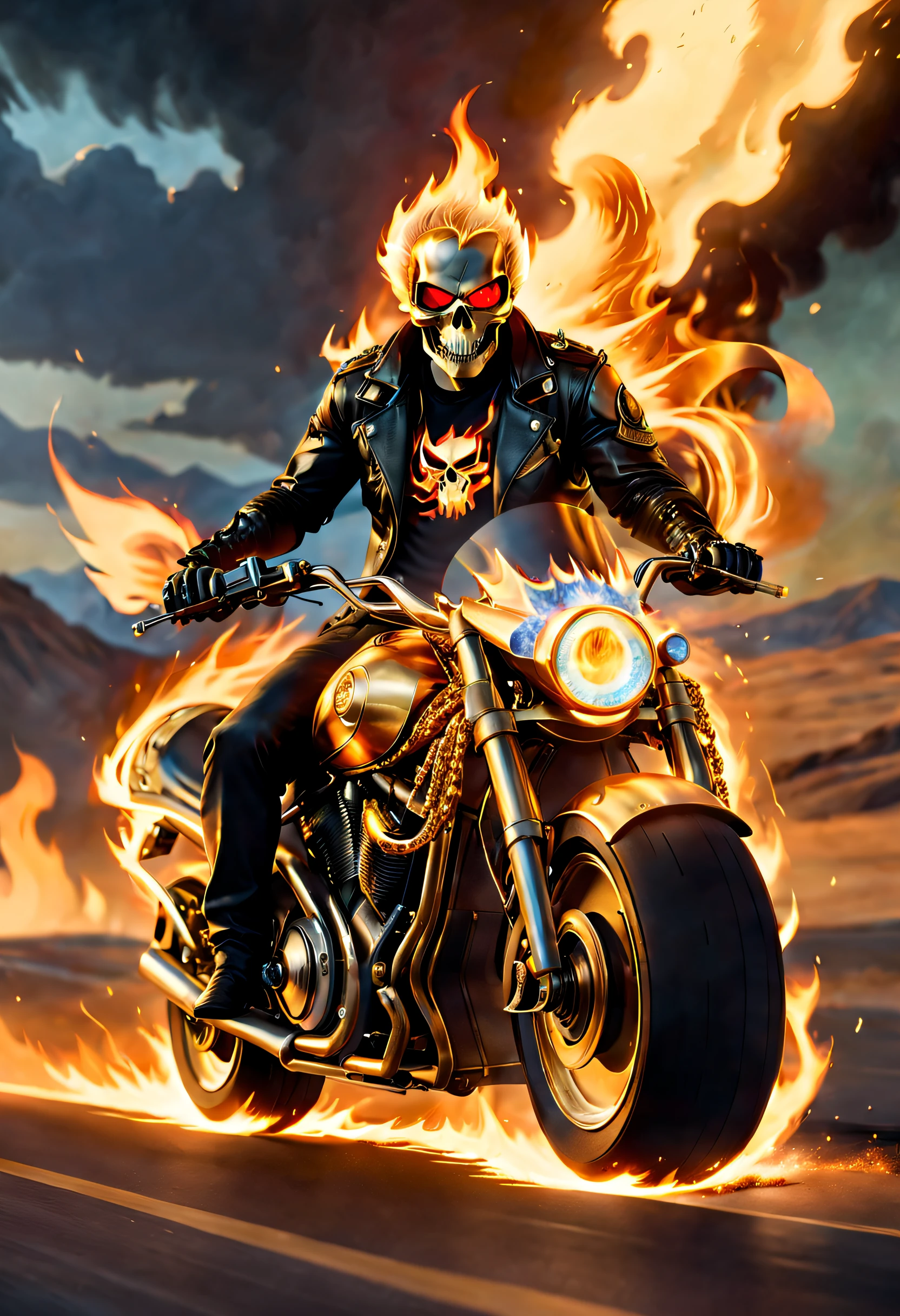 Beautiful and sci-fi，((Ghost Rider rides a motorcycle made of gold and vibranium))，((Ghost Rider&#39;s&#39;s eyes sparkle with fire))，((Burning chains wrap around the body))，(surrounded by blazing flameirey，Riding on the burning plains)，(The whole vehicle  composed of fire elements)，(Volcano Journey Cyberpunk City，Epic graphics，Composed of fire elements, (offcial art， Unity 8k壁纸， ultra - detailed， tmasterpiece， Best quality at best， 1.Realism increased by 4 timerampson