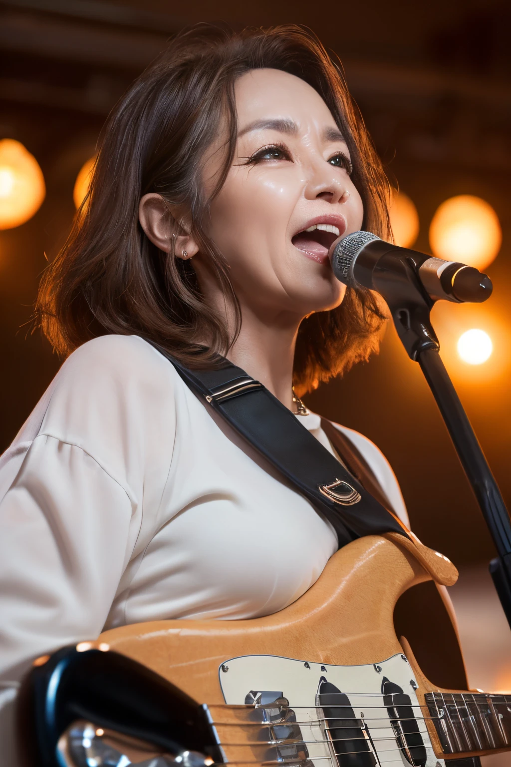 (masterpiece,best quality:1.4),(8k,raw photo,photo realistic:1.2),(shiny skin),detailed skin,detailed face,detailed eyes,(60-year-old woman:1.2),(Wrinkles on the face:1.4),(energetic beauty:1.3),(Singer-songwriter:1.4), Colossal tits、(plays the electric guitar:1.2)