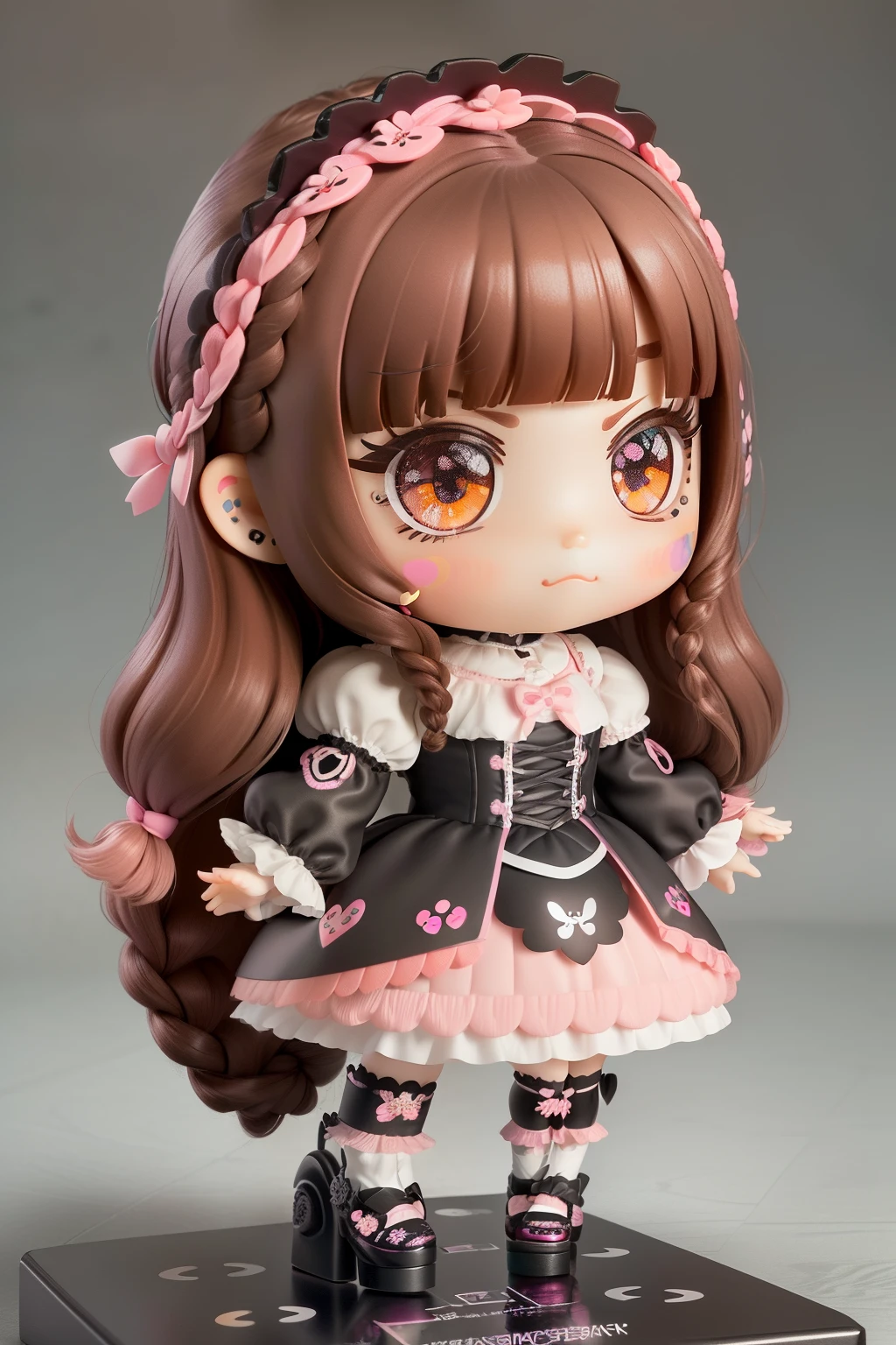 (masutepiece), (Best Quality), (super detailed), (Full body: 1.2), 1 girl, Chibi, Cute, Embarrassed face,multicolored background, Pink, Black and white gothic lolita clothes, blush, : 3, (Braided hair),(banguri and, Brown hair, (brown eyelash stickers, Bangortiful detailed face), (Beautiful and detailed eyelid body,kawaii pose