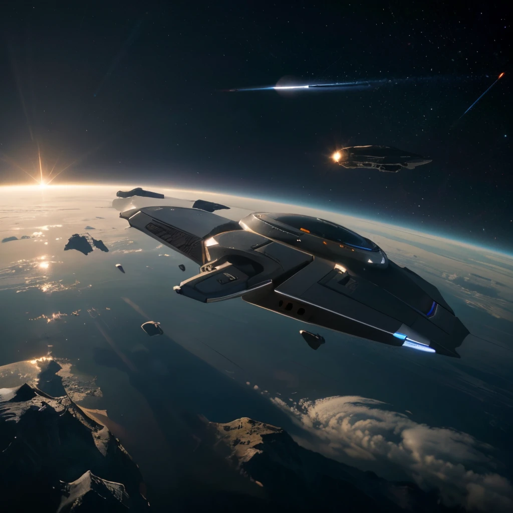 Futuristic, a space ship,Detailed body, BABYLON 5,Rectangular shapes, high detail, hovering above the surface of the planet at a high altitude, planet in the frame, Star, located behind the planet, a stream of meteorites burning in the atmosphere and falling onto the planet, explosions on the surface of the planet, rays of light from a star, side glance