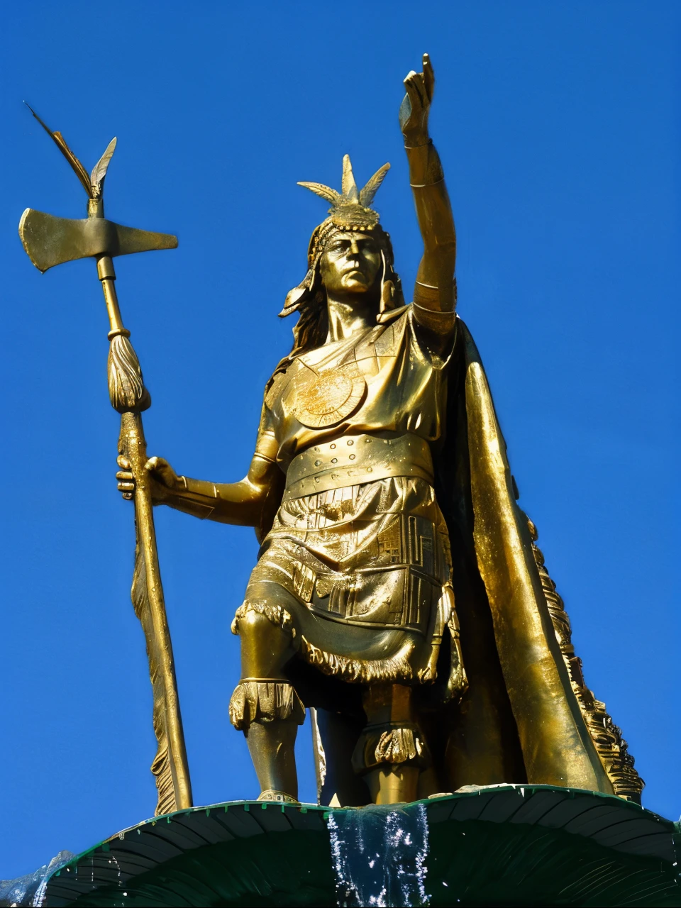 statue of a man with a spear and a bird in his hand, Deusa guerreira Inca, bronze statue, Um guerreiroInca, man statue, Indian warrior, Guerreiro inca, a statue, segurando seu tridente, Deus inca, medium closeup shot, bronze statue and silver, tiro de close-up,