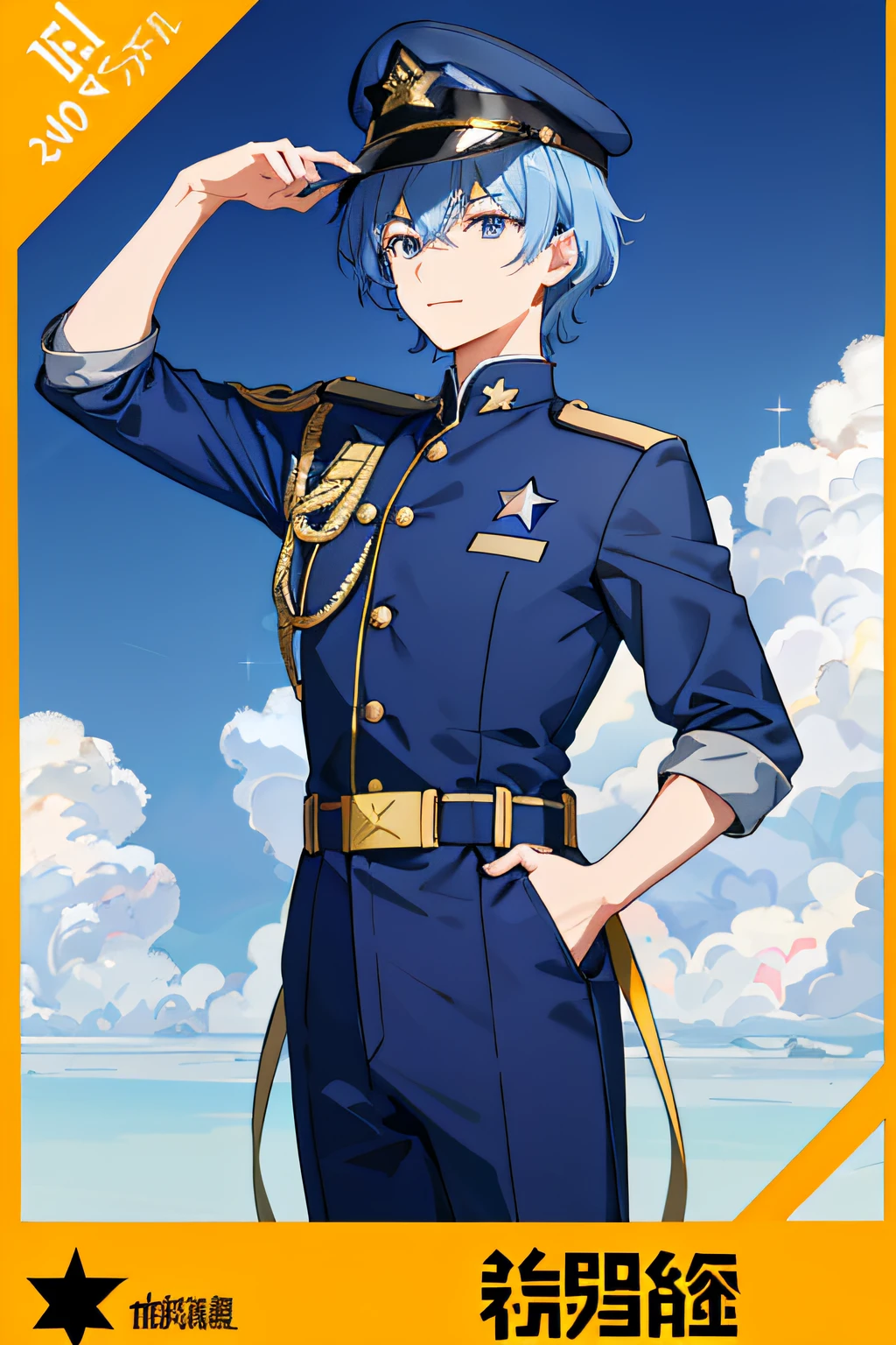 16K resolution,male people,Chinese Air Force,2021 style air force clothing,The sun-exposed straps feature two horizontal bars and a star,Stand on a high platform,Wearing a military cap,Shiny August 1st badge hanging on it,Looking sideways ahead,Handsome face。