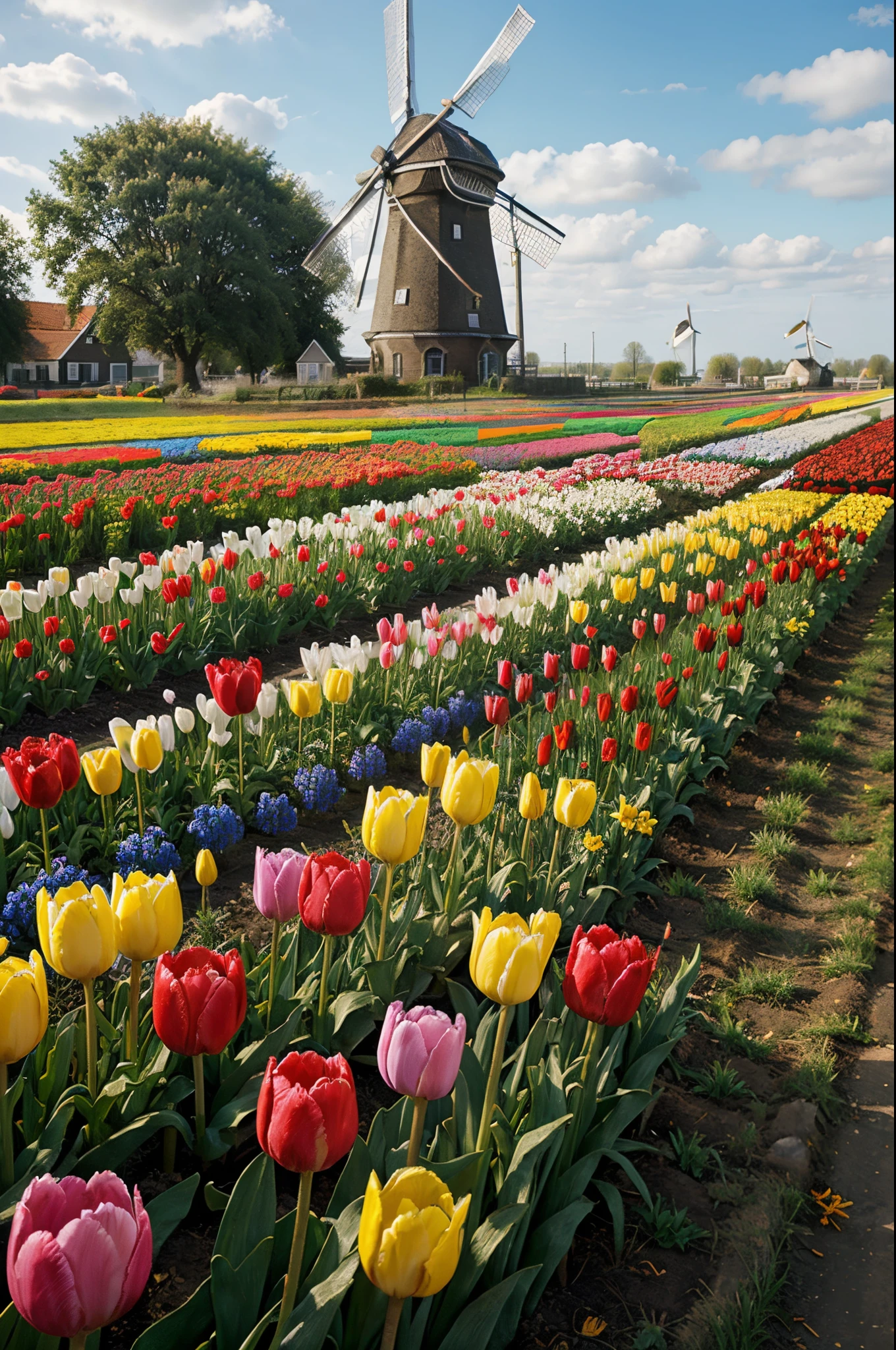 Dutch windmill tulips bright colors oil painting style