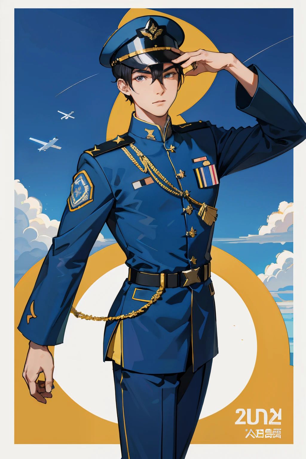 16K resolution,male people,Chinese Air Force,2021 Style Air Force Outfits,Two horizontal bars and a star on the shoulderace exposed to the sun,Stand on a high platform,Wearing a military cap,There a shining August 1st badge hanging on it,Looking sideways ahead,Handsome face