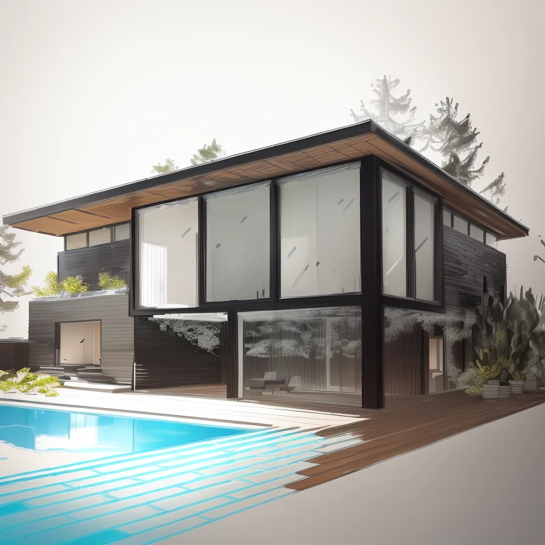 a drawing of a house with a pool and a deck, sketch illustration, architectural sketch, architectural illustration, sketch style, sketch black and white colors, architectural rendering, architecture drawing, highly detailed sketch, clean ink detailed line drawing, modern house in the wood, drawing architecture, architecture concept, black and white detailed sketch, sketch - up, concept drawing, concept house