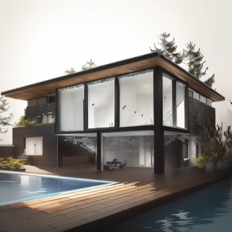 a drawing of a house with a pool and a deck, sketch illustration, architectural sketch, architectural illustration, sketch style, sketch black and white colors, architectural rendering, architecture drawing, highly detailed sketch, clean ink detailed line drawing, modern house in the wood, drawing architecture, architecture concept, black and white detailed sketch, sketch - up, concept drawing, concept house