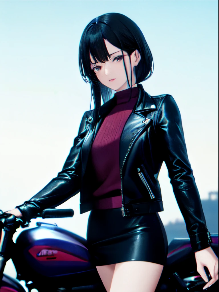 Capture the scene of a girl leaning against a heavy motorcycle. Emphasize her standing next to the bike. Background: Emphasize the atmosphere of riding a motorcycle, possibly on a spacious road. Consider adding elements such as nightfall or an setting to enhance the overall mood. Facial Details of the Character: Describe the girl's black shoulder-length hair. Highlight her eyes, expressing a somewhat ethereal gaze, not looking at the camera, conveying a sense of mystery. full face helmet in the hand. Clothing Details: Illustrate the girl wearing a black leather miniskirt and a black leather jacket. Pay attention to clothing details, such as the quality and style of the leather, to emphasize her cool and stylish appearance.
