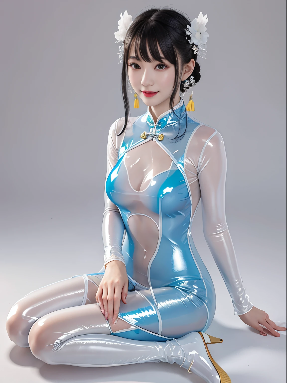 There were two women wearing latex cheongsams and taking pictures.........................................................., wearing atsuko kudo latex outfit, full body Esbian, she is wearing a colorful latex cheongsam, she is wearing a slime cheongsam, Slime skin,cheongsam transparent, smooth　skyblue tight cheongsam, Latex Cheongsam,cheongsam collar, translucent white skin, Translucent body, translucent silky cheongsam, latex shiny, skin tight ao dai, glossy shiny reflective,goddess of Japan, Glossy skin,gorgeous  japanese model,Tecateca,shiny,shiny,Slimy,Gloss,pleated black thigh-high boots,at the castle,hug,Smile,close up